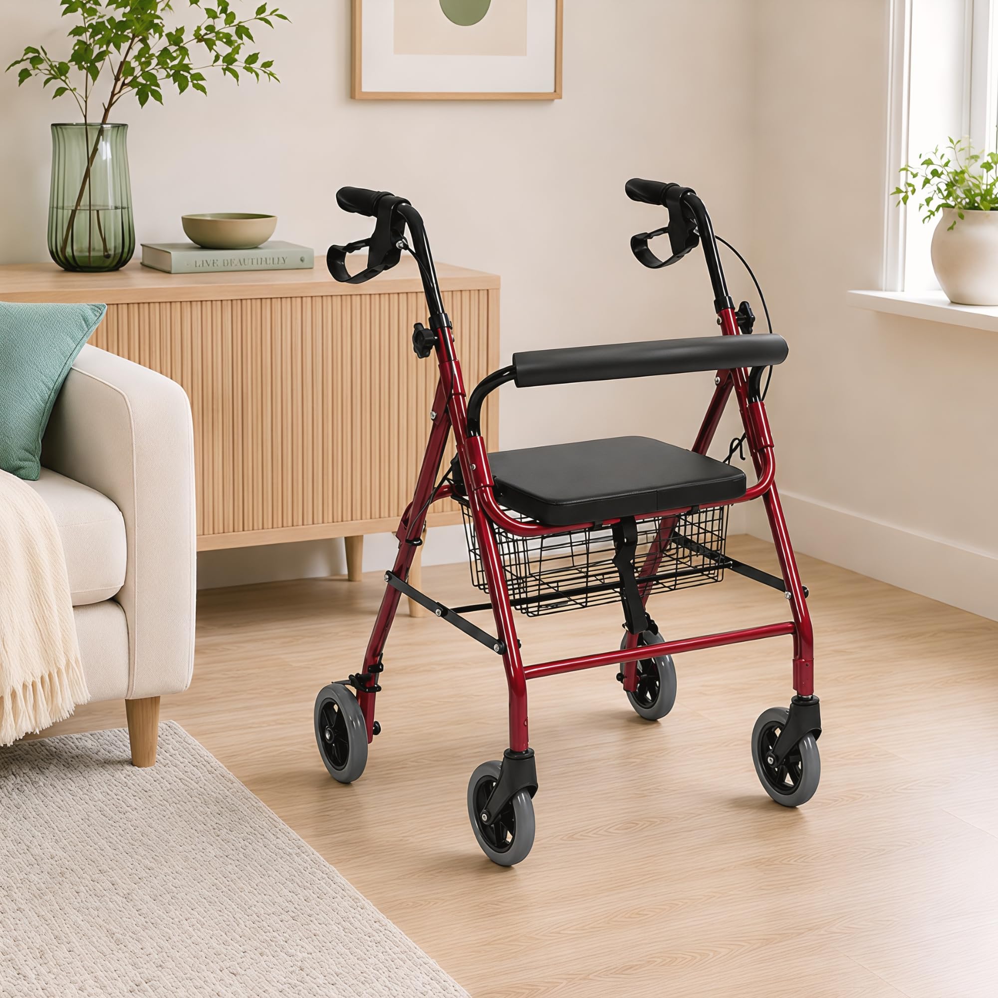 Andador para Ancianos Plegable con Frenos. Andador para Adultos con 4 Ruedas, Altura Regulable, Asiento Acolchado y Cesta. Caminador Estructura de Aluminio Ligero y Resistente. Hasta 136 Kg