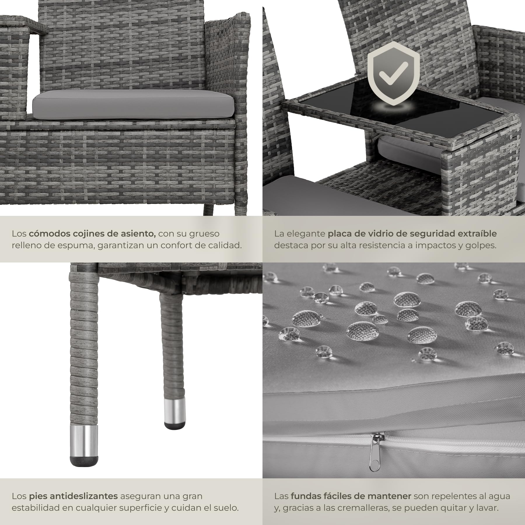tectake® Banco Exterior con Mesa Integrada, 133 x 63 x 84 cm, Resistente a la Intemperie, Cojín de Asiento de 6 cm, Conjunto de Banco de Jardín para 2 Personas - Gris/Gris Claro