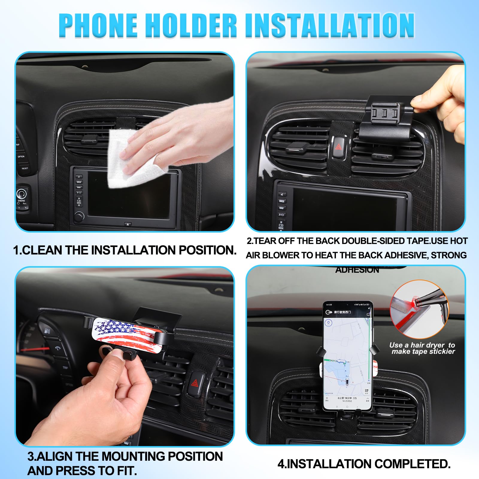 Soporte de teléfono para coche Corvette C6 2005-2013, consola central, rejilla de ventilación, giratorio, fijo, soporte de teléfono móvil para coche, compatible con iPhone, Android, smartphones