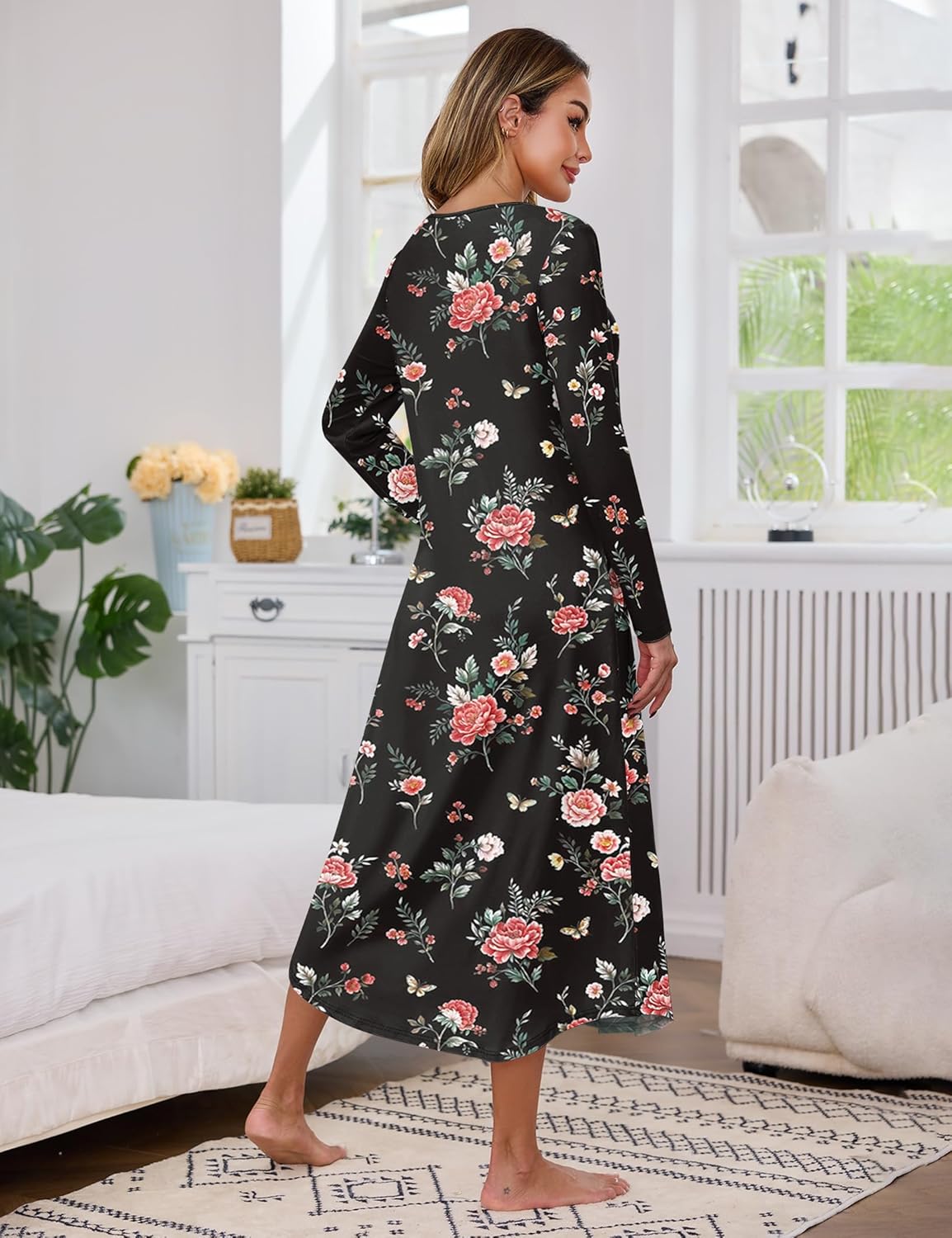 Marvmys Women Long Sleeve Nightgowns Round Neck Long Nightshirts with Pocket Sleepwears S-3XL - Image 3