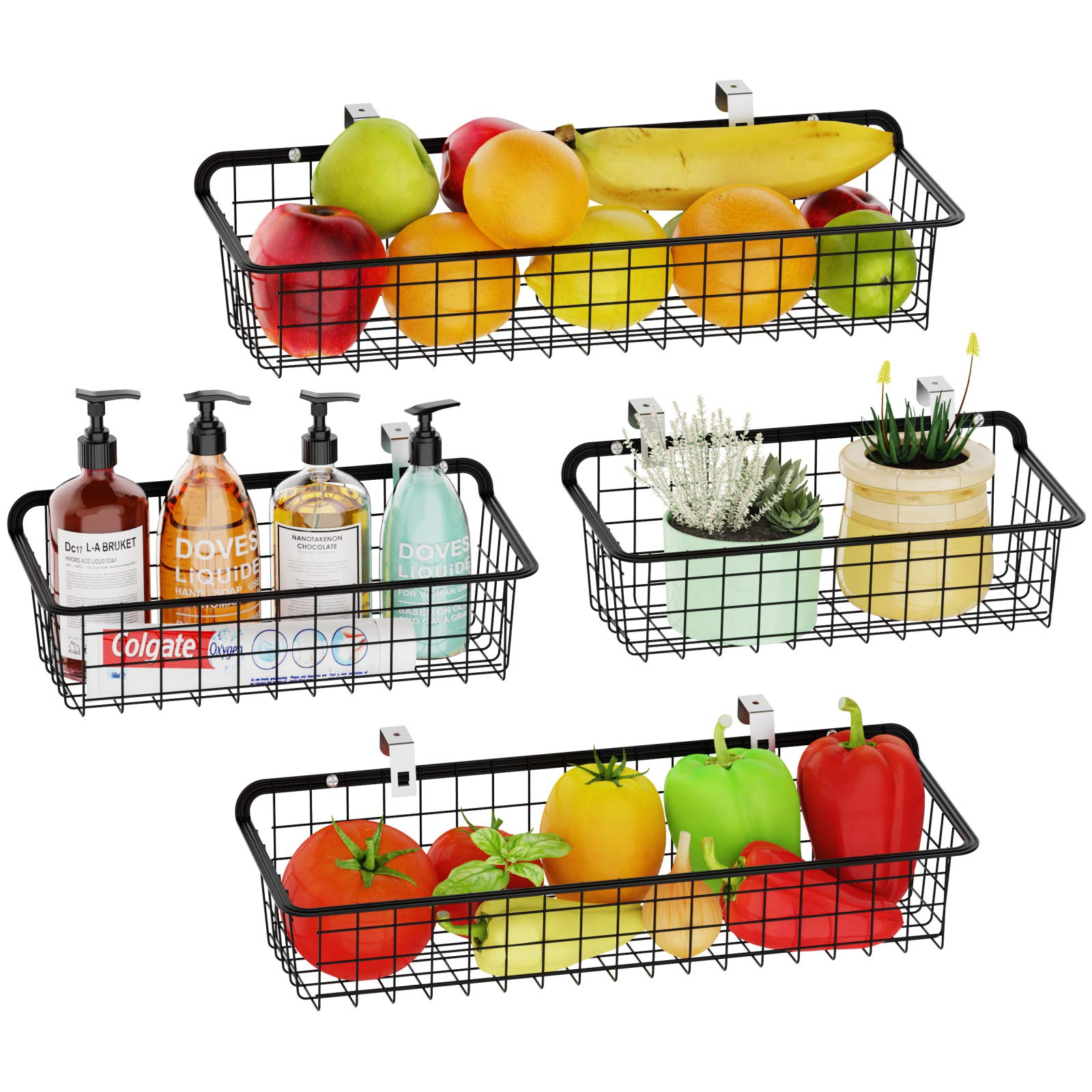 GSlife Wall Baskets, Wall Mount Baskets Versatile Metal Wall Hanging Wire Baskets with Hooks for Kitchen Bathroom Office Bedroom Garage Rustic Farmhouse Decor, Black