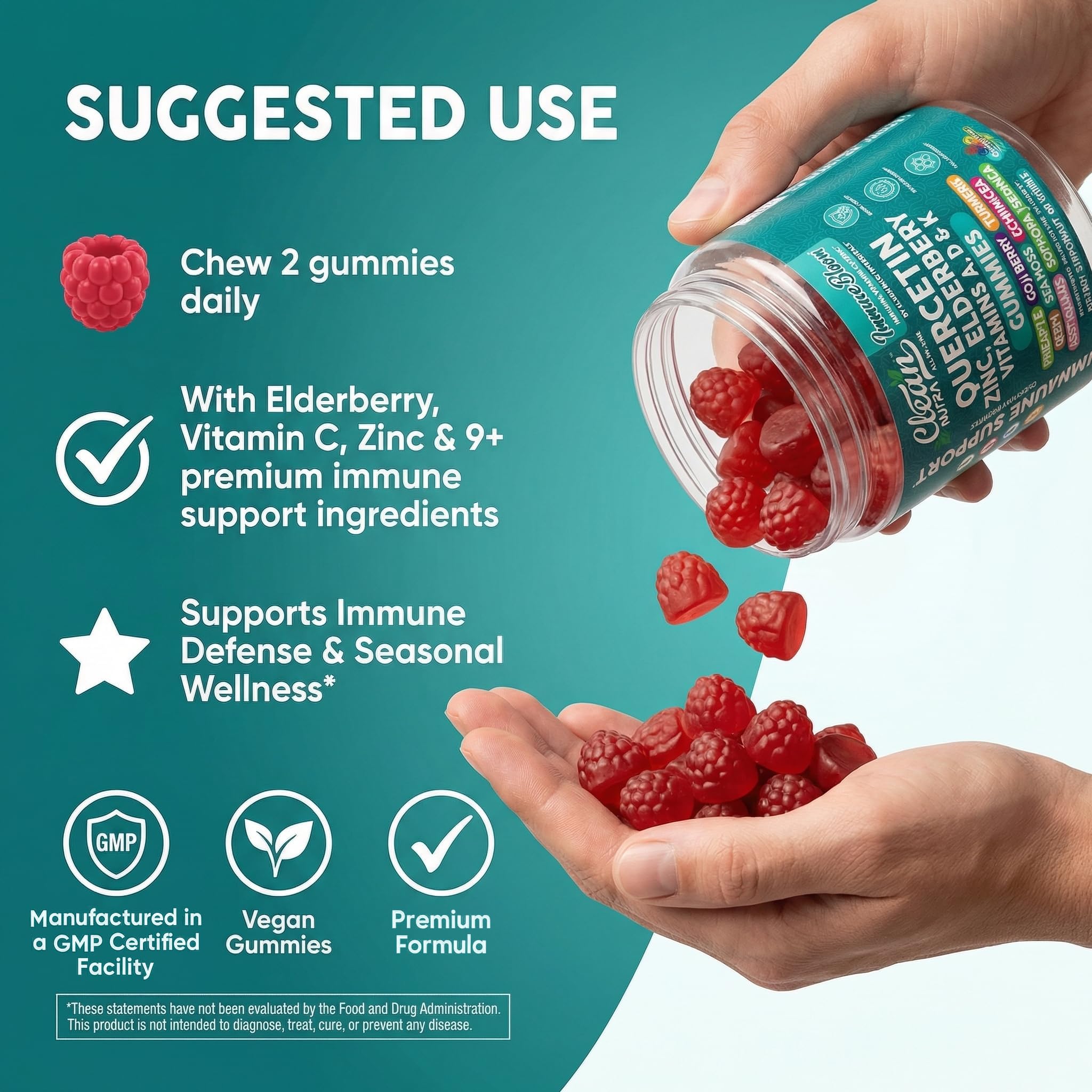 Clean Quercetin Elderberry Immune Support Gummies | Zinc Vitamin K2 D3 A Bromelain Goji Berry Turmeric Sea Moss Echinacea Astragalus Selenium Olive Leaf Immunity Supplement Gummy Vitamins — Amazon image 6