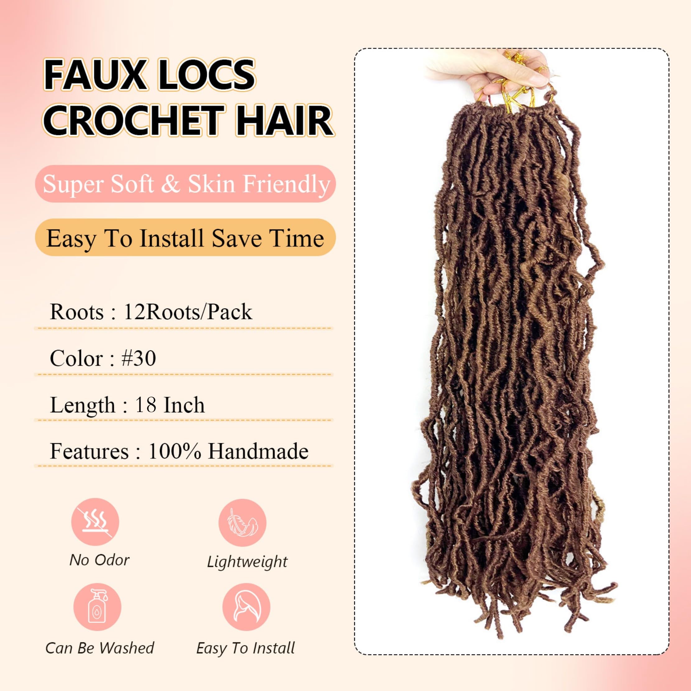 Faux Locs 18 Inch 8 Packs New Soft Locs Curly Wavy Pre-Looped Crochet Hair Crochet Faux Locs synthetic Hair Extensions (18Inch,#30) - Image 3
