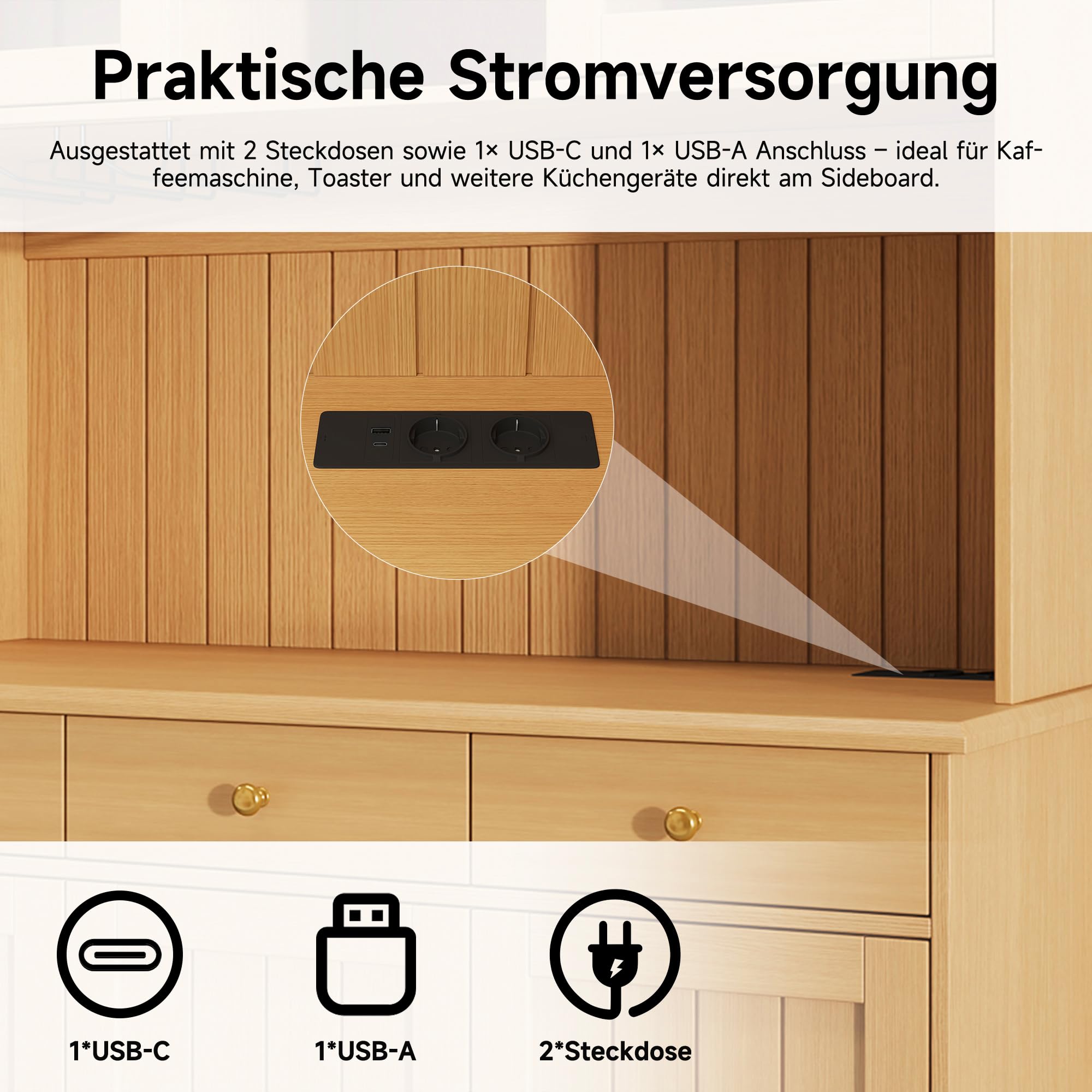 Küchenschrank mit USB-C- und USB-A-Anschlüssen, Buffetschrank mit Steckdose Sowie, Hochschrank mit Mehrstufigem Stauraum, Vitrinenschrank Küche, Esszimmerschrank, Vitrine, Schrank Küche