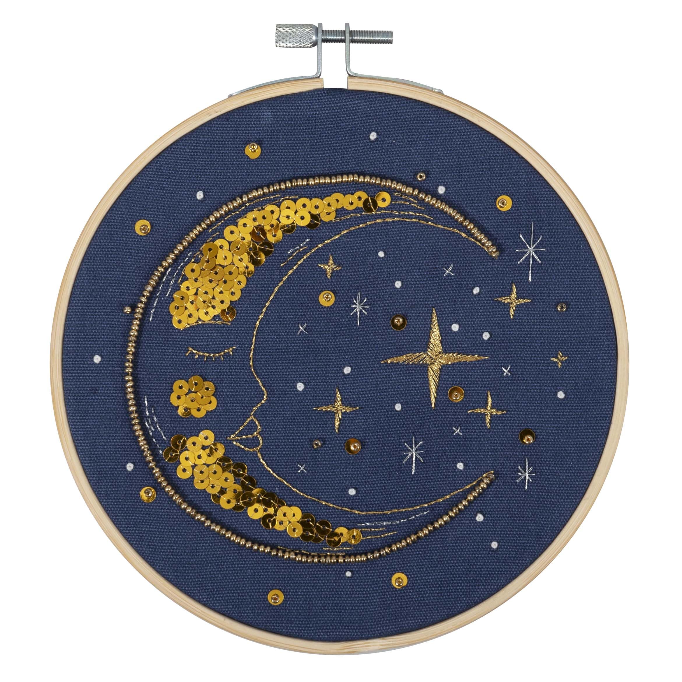 Trimits Embroidery Kits - 15cm 6" Embroidery Beginners Kit, Cross Stitch Kits for Adults, Starter Set with Bamboo Hoop, Fabric, Threads, Needle & Backing - Moon