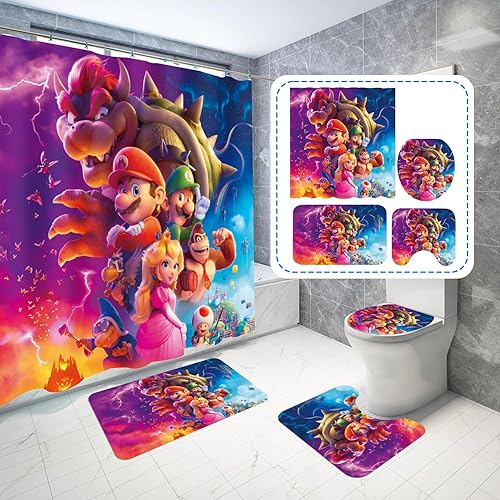 Miniatura 4 de CEPTOR Juego de cortinas de ducha con temática de dibujos animados, accesorios de baño de anime, juego de decoración de baño, incluye cortinas de