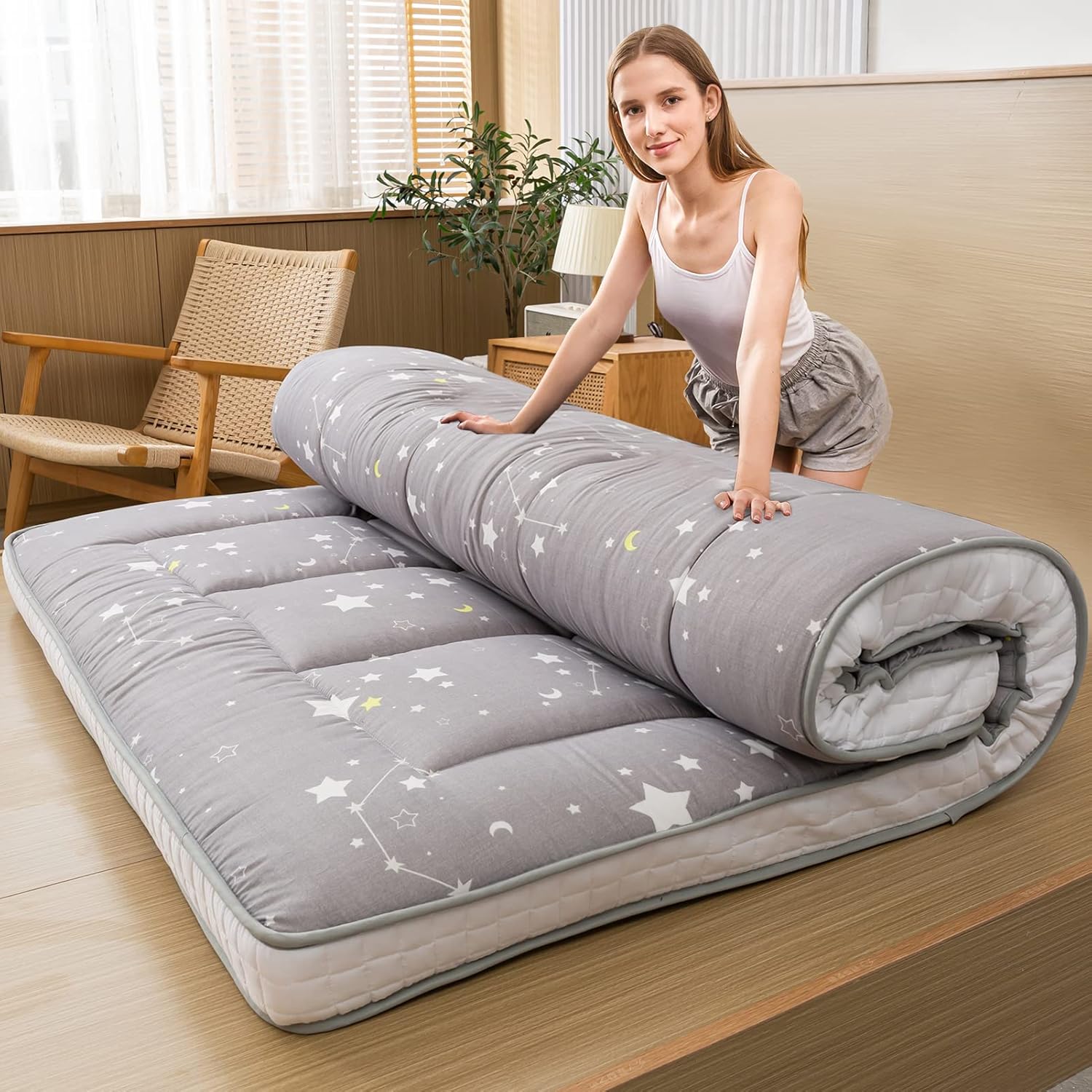 MAXYOYO Futon Mattress, Grey Constellation Patter Japanese Floor Mattress Quilted Bed Mattress, Full