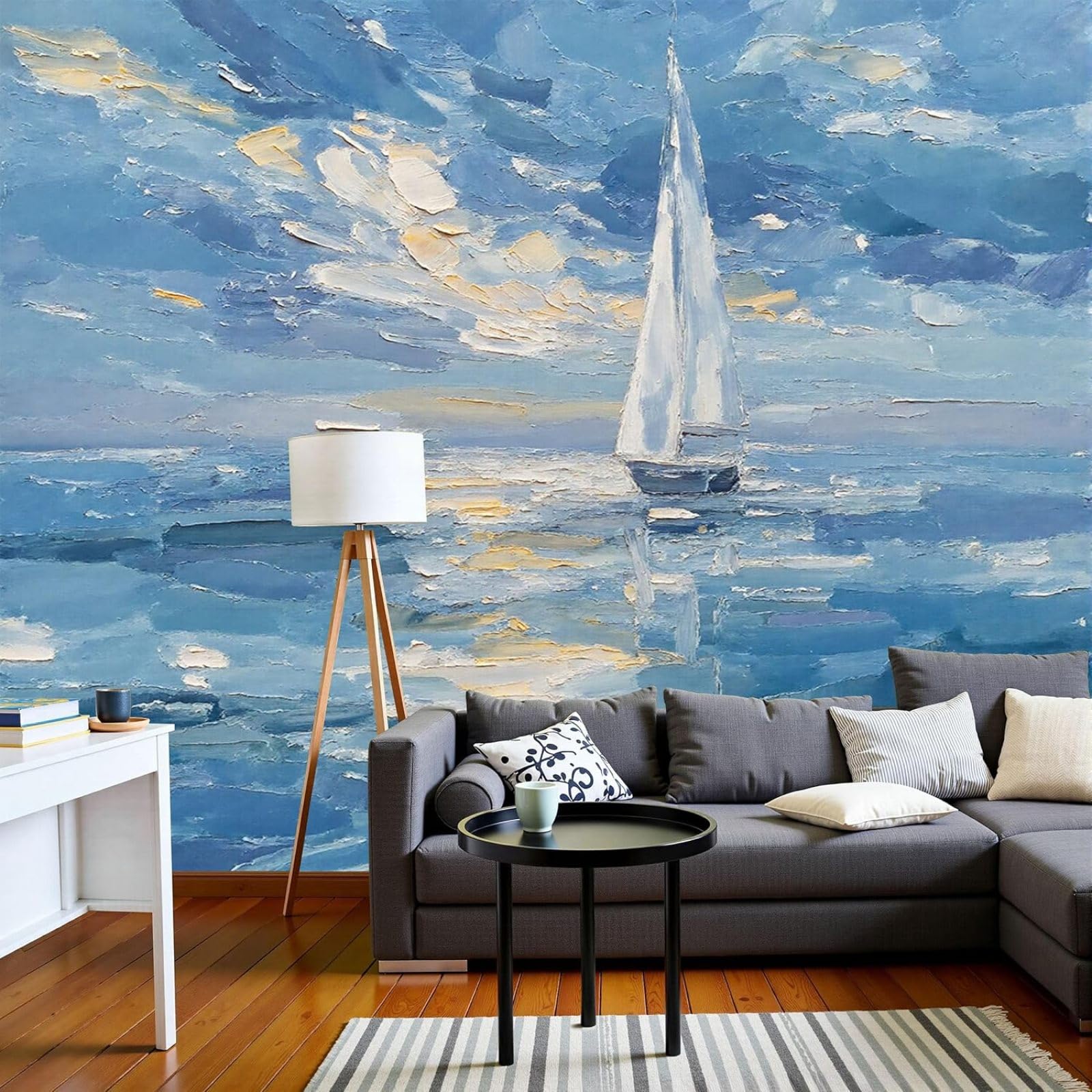 kfjhgbdshhj Wallpaper Oil Painting Seascape, Sailing, XL Non-Woven Wallpaper for Bedroom Living Room, Blue Wall Decor, Wall Covering, 300cm x 210cm Stickers - Frameless Painting - Poster