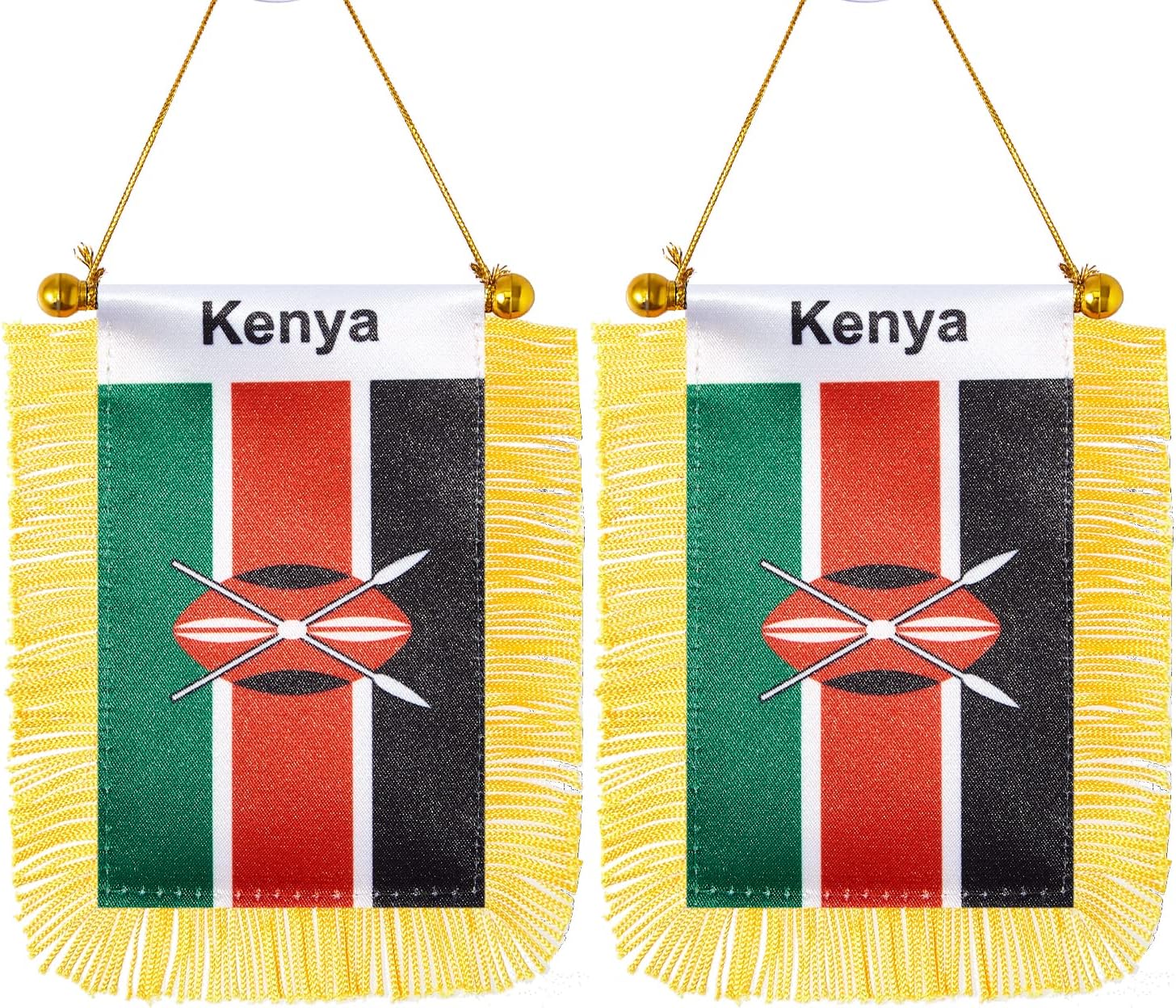 2 Pack Kenya Window Hanging Flag,Mini Kenyan Car Flag with Pole Tassel Suction Cup Rearview Mirror Decoration(3x5 Inch)