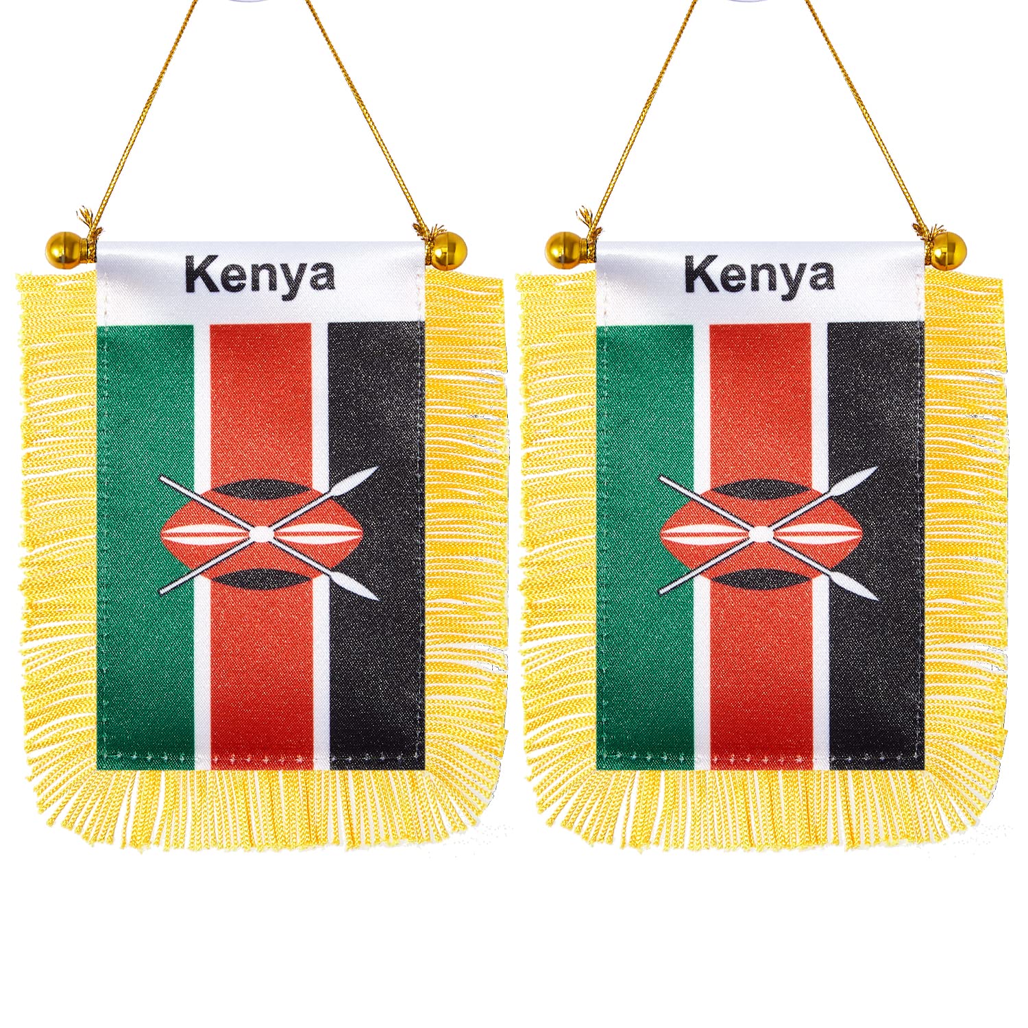 2 Pack Kenya Window Hanging Flag,Mini Kenyan Car Flag with Pole Tassel Suction Cup Rearview Mirror Decoration(3x5 Inch)