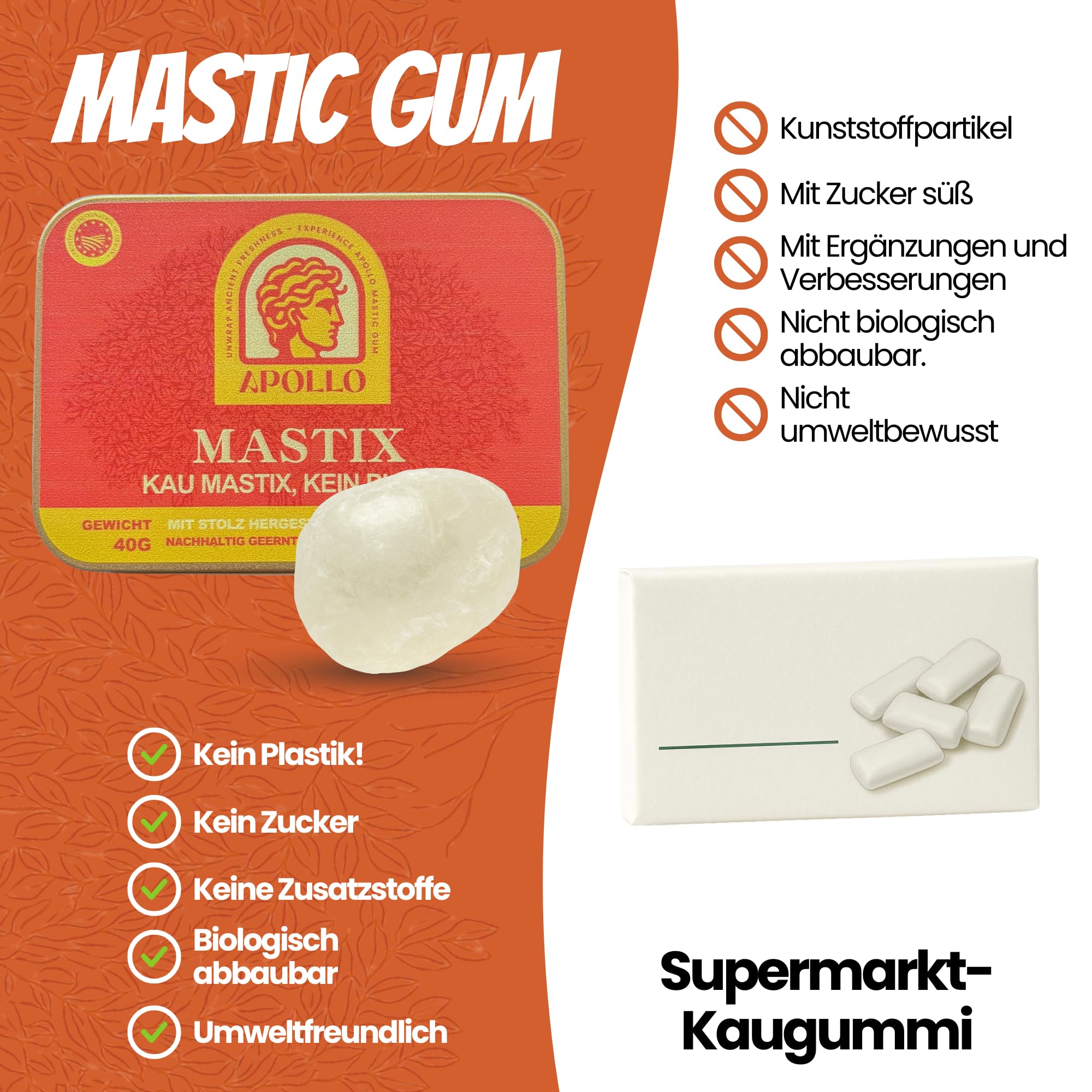 Apollo Mastix Kaugummi – 100% natürlich - Starker Kaugummi aus Chios - Für Kieferpartie, Mundgesundheit und Verdauung - 3x 40g