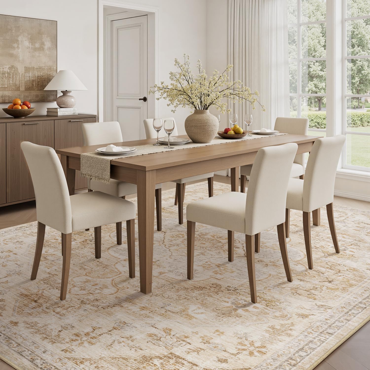 tchdio 5x7 Area Rugs for Living Room, Vintage Non Slip Washable Rug, Soft Low Pile Neutral Area Rug Large Floor Indoor Carpet for Bedroom, Dining Room, Office (Beige, 5'x7')