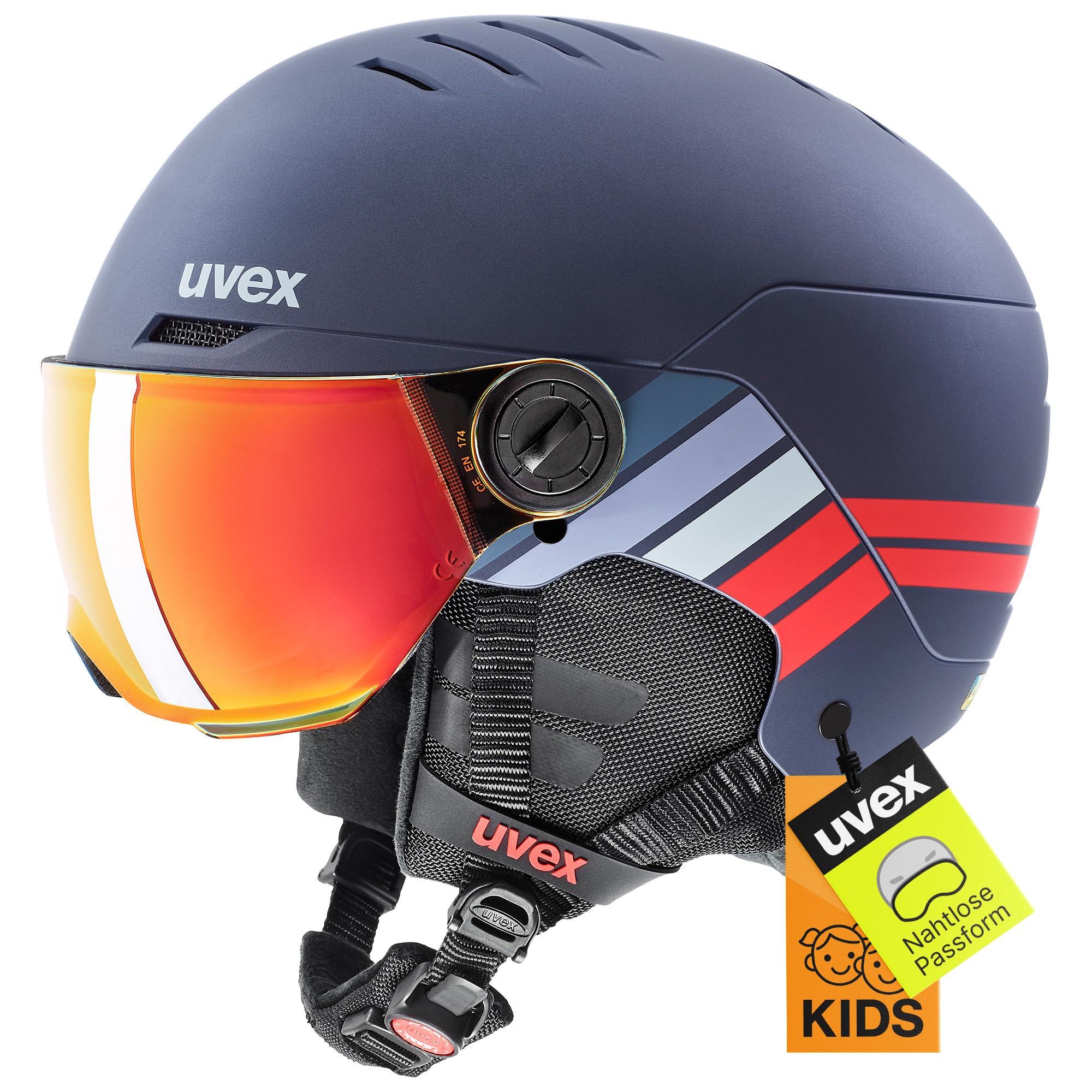 uvex Rocket jr Visor - robuster, optimal belüfteter Skihelm mit beschlagfreiem Visier für Kinder - Navy - red Stripes matt - 51-55 cm