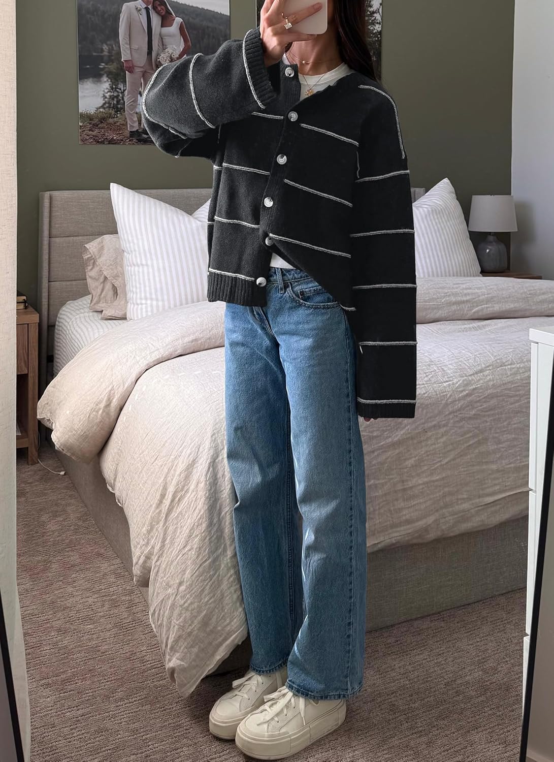 Balimtoy Striped Cardigan Sweaters for Women Trendy Long Sleeve Crewneck Button Up Sweater Fall Winter Outerwear - Image 6