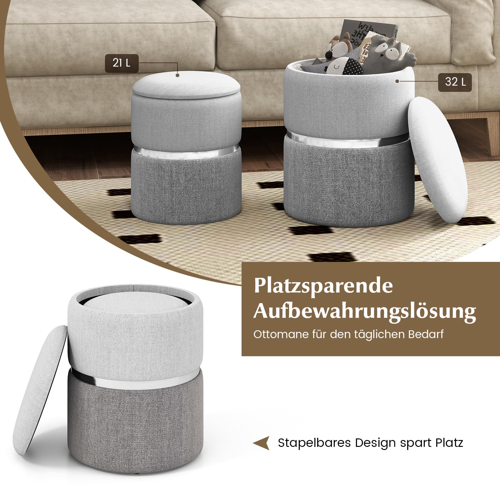 RELAX4LIFE 2er Set Sitzhocker, Pouf Hocker mit 32L + 21L Stauraum, Ottomane aus Samt, Aufbewahrungshocker für Wohnzimmer Schlafzimmer (Grau)