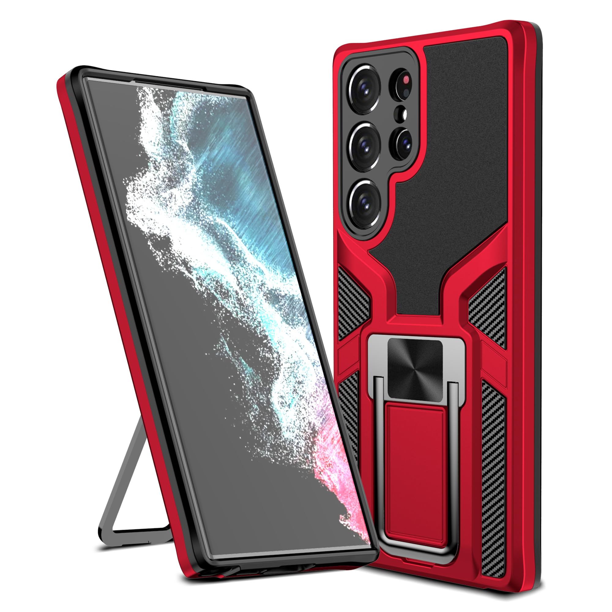 RALEAVO for Samsung Galaxy S23 Ultra 5G Case with Kickstand Metal Ring for Galaxy S23 Ultra 5G Support Car Magnetic Mount Shockproof Protective Case-Red