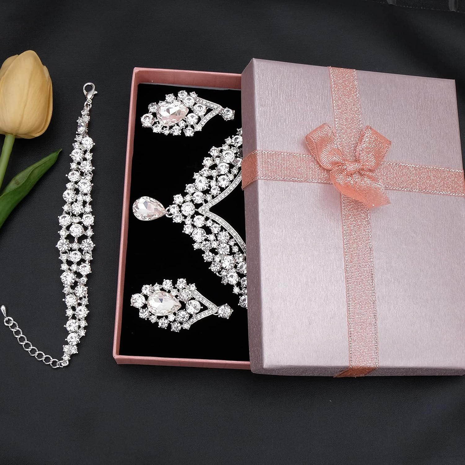 Women's Statement Necklace Earrings Link Bracelet Set for Bride Austrian Crystal Wedding Bridal Costume Jewelry Sets