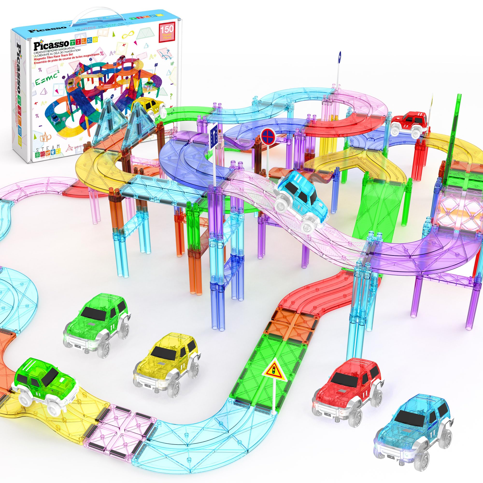 PicassoTiles150 Piece Race Car Track Building Block Educational Toy Set Magnet Tile Magnetic Blocks Playset 4 Cars Early STEM Learning Construction Kit Hand-Eye Fine Motor Skill Brain Training PTR150