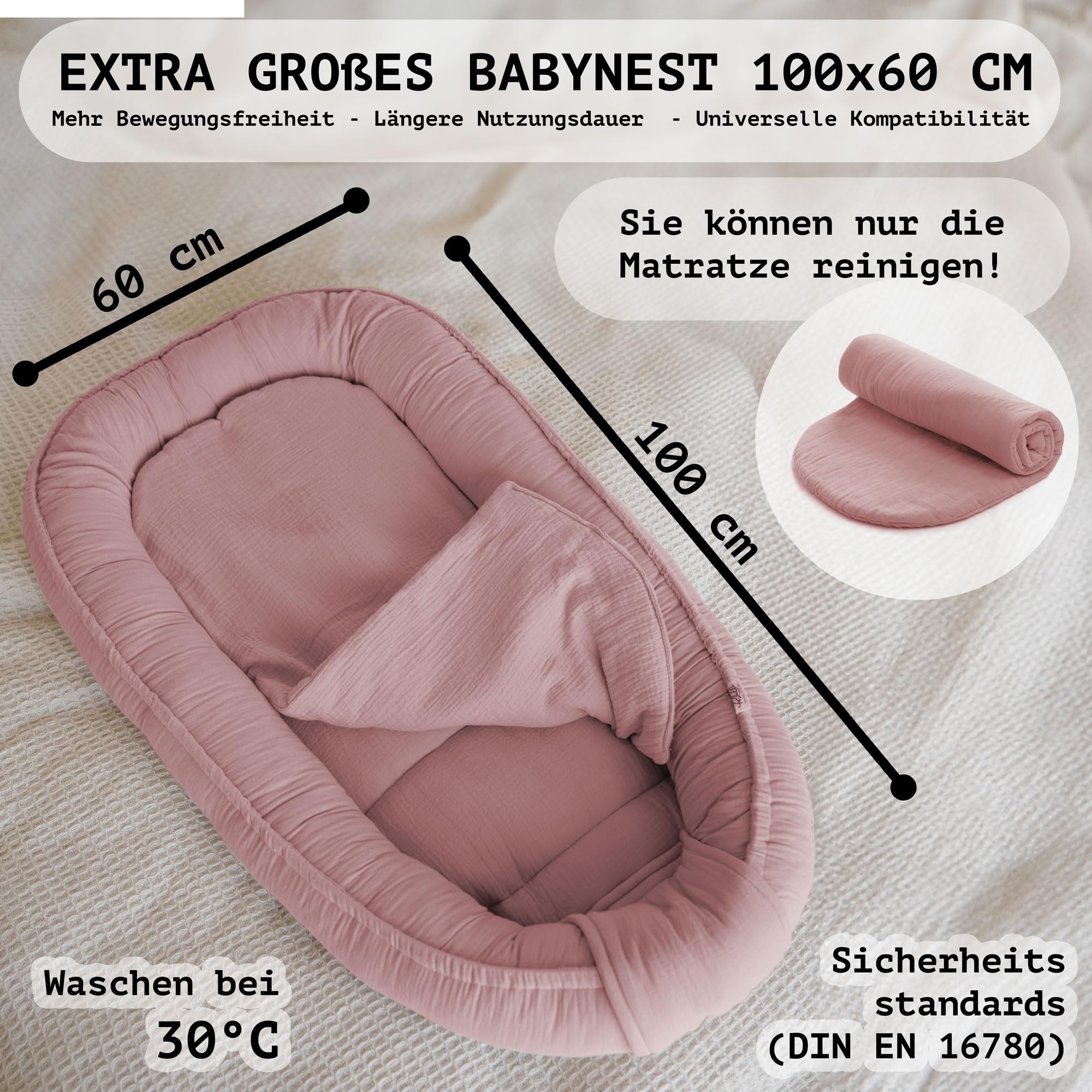 PaLulli Nido para bebé de 100 x 60 cm, muselina suave con colchón, nido de dormir, capullo, cuna de viaje para recién nacidos, 100 % algodón (rosa)