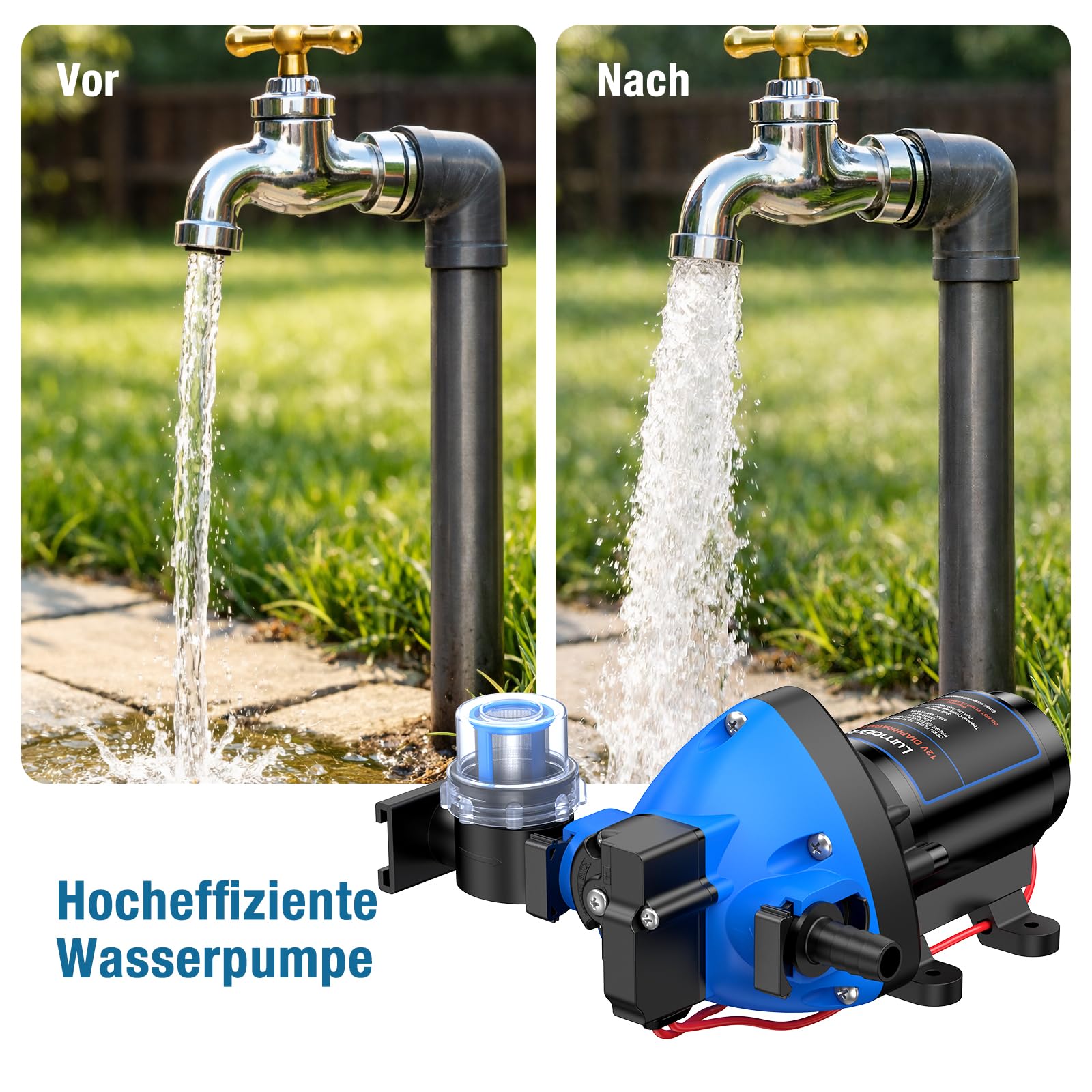 Membranpumpe 12V Wasserpumpe 3.3 GPM 50PSI Wasserpumpe Wohnmobil Selbstansaugend mit automatischem Druckschalter für Wohnmobil, Yacht, Imbisswagen, Camper, Marine