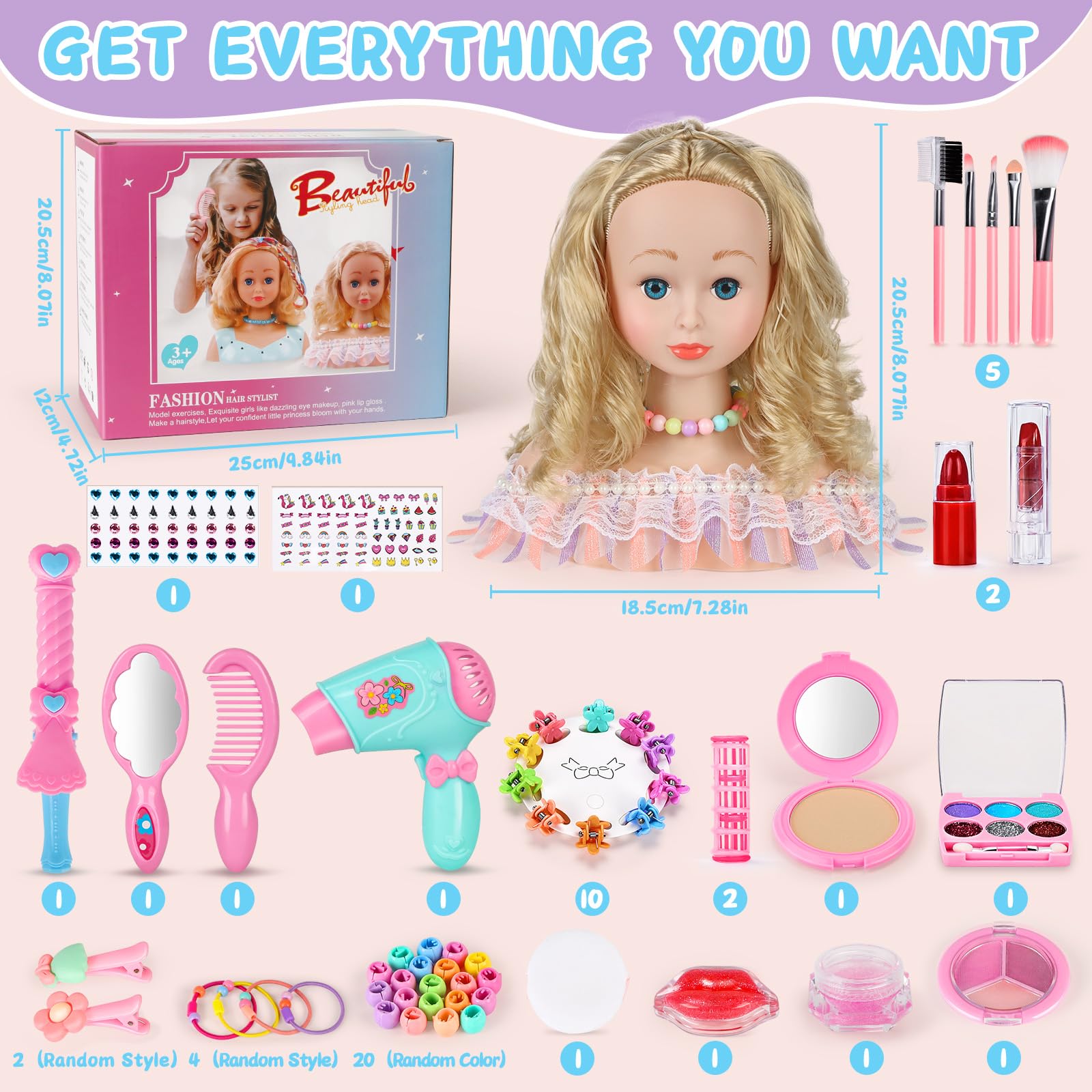 BuzzoXerex Testa Bambola da Truccare e Pettinare, 58 Pezzi Testa da Pettinare Bambina, Bambola da Truccare Regalo di Compleanno, Natale per Bambini a Partire Dai 3 Anni (dorato)