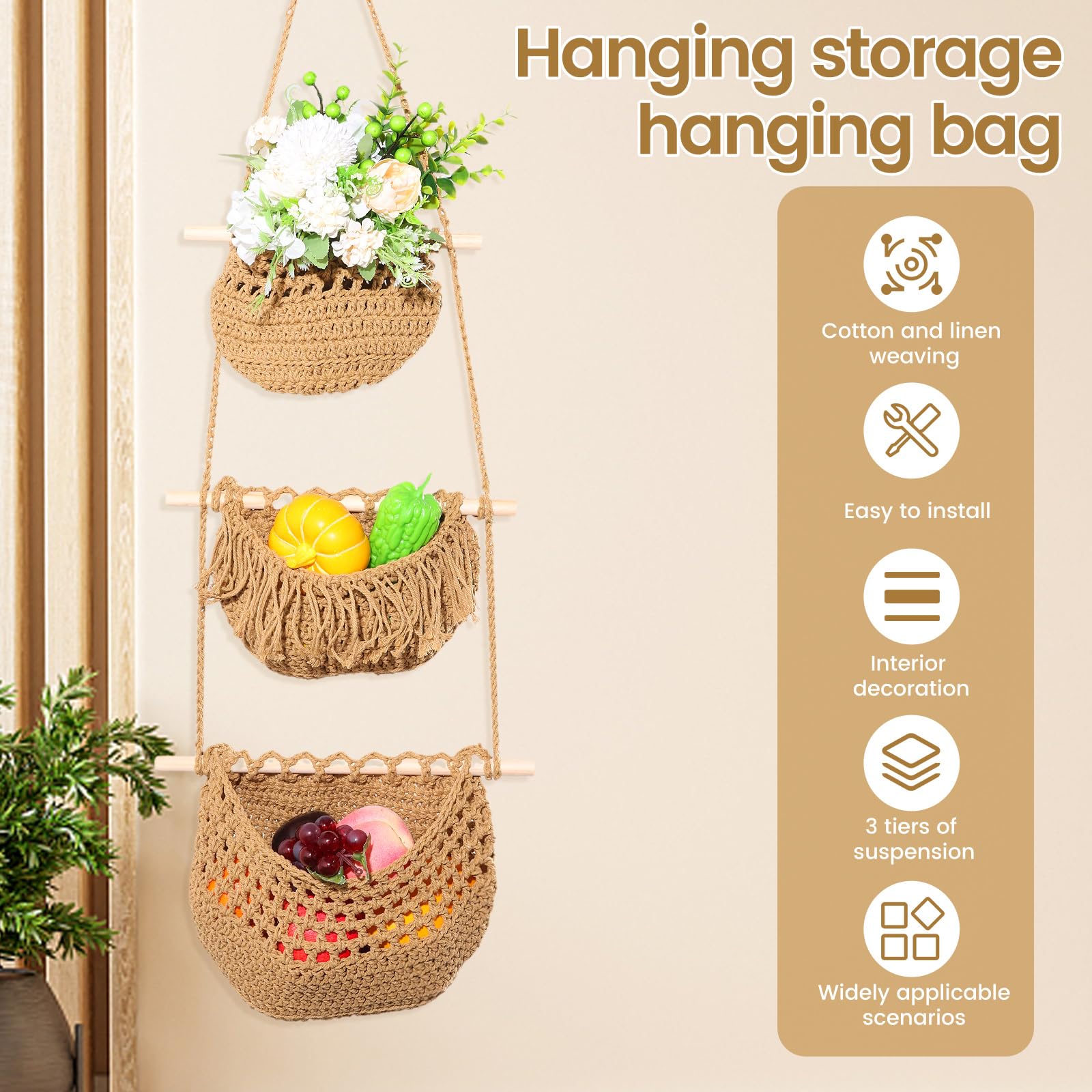 KTZCTPCA Hanging Fruit Basket for Kitchen, 3 Tier Wall Hanging Vegetable Basket, Boho Hanging Wall Basket, Handwoven Woven Wall Hanging Holder, Over the Door Hanging Produce Holder for Produce Storage