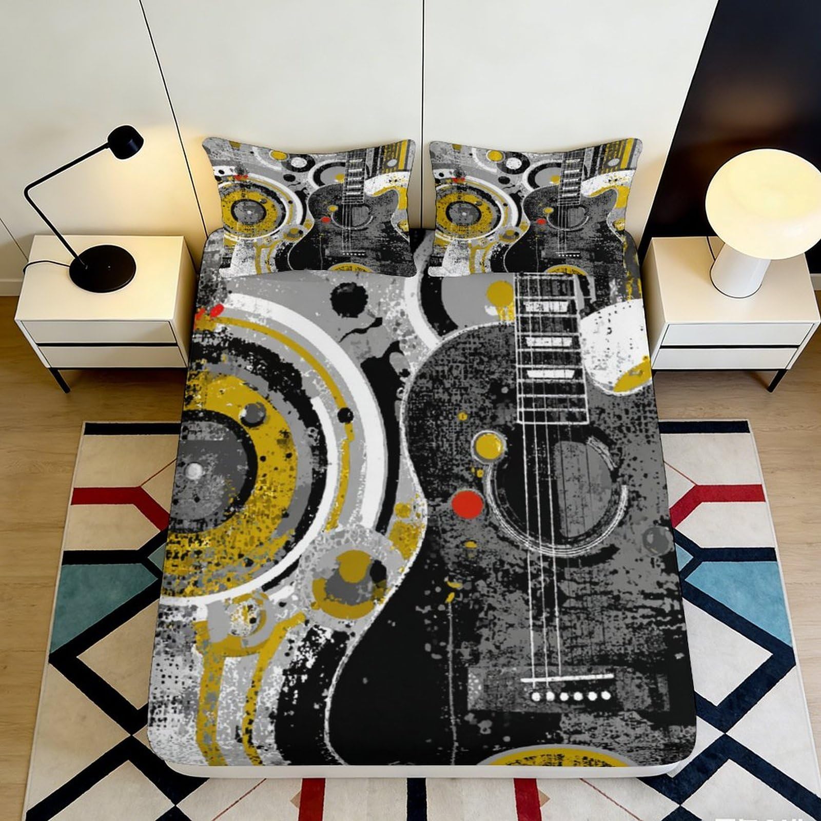 3D Printed Guitar Art Fitted Sheet Microfiber Deep Pocket Bedroom Bedding Decor Musical Mattress Fitted Cover Elastic Edge Washable Non-Slip Wrap 200x200x25cm 90x200x25cm