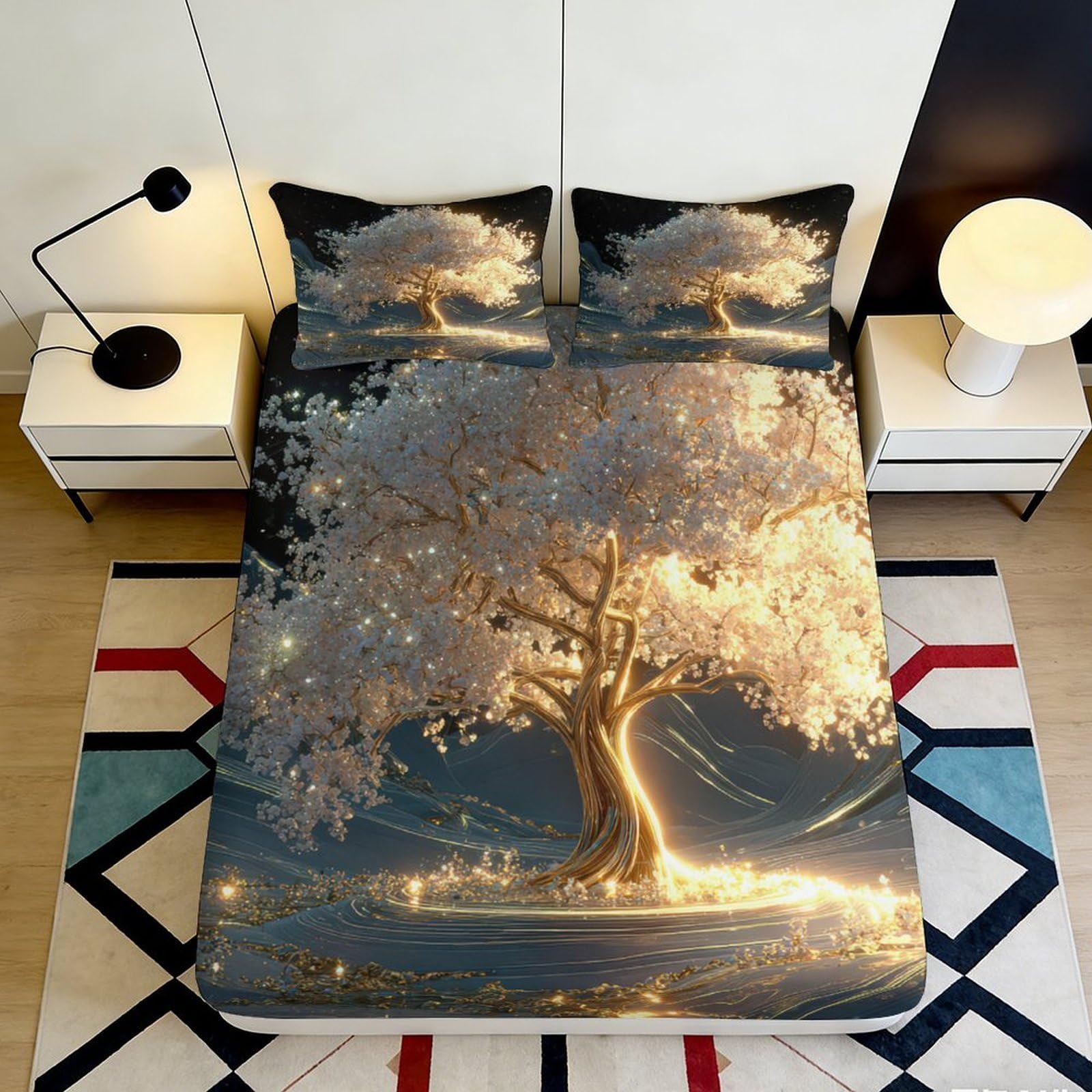 Jqzkxnhpbr Style-6 3D Printed Golden Fantasy Tree Fitted Sheet Microfiber Soft Dustproof Elegant Night Forest Mattress Cover Bedroom Decor 90X200x25cm