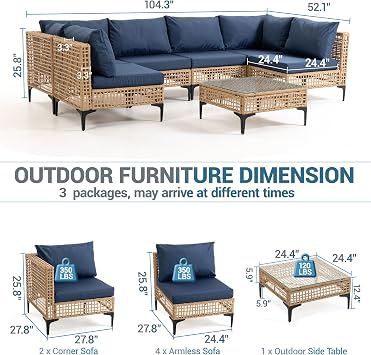 7-Piece Outdoor Wicker Patio Sectional Furniture Set, Blue