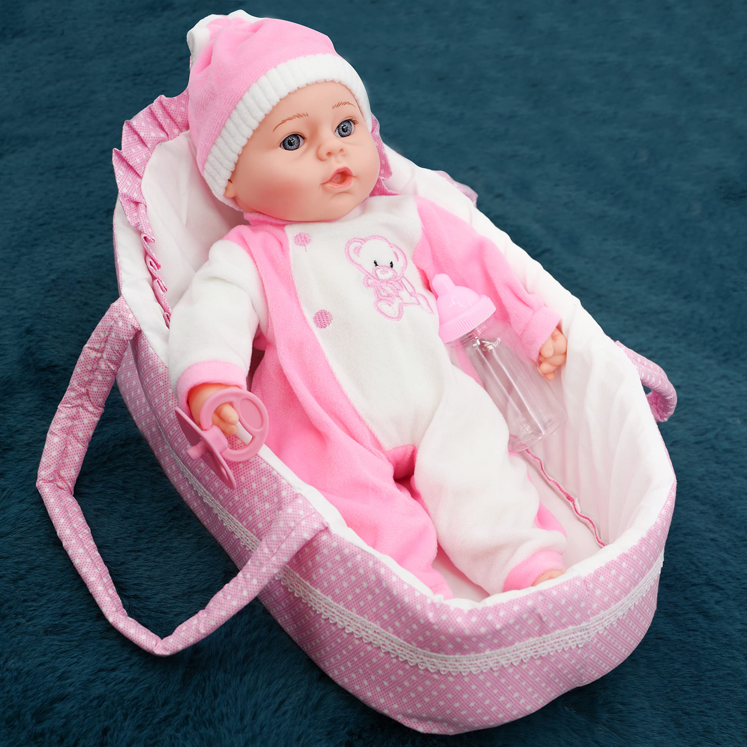 The Magic Toy Shop Bibi Doll Baby Doll With Sounds & Carry Cot Bed