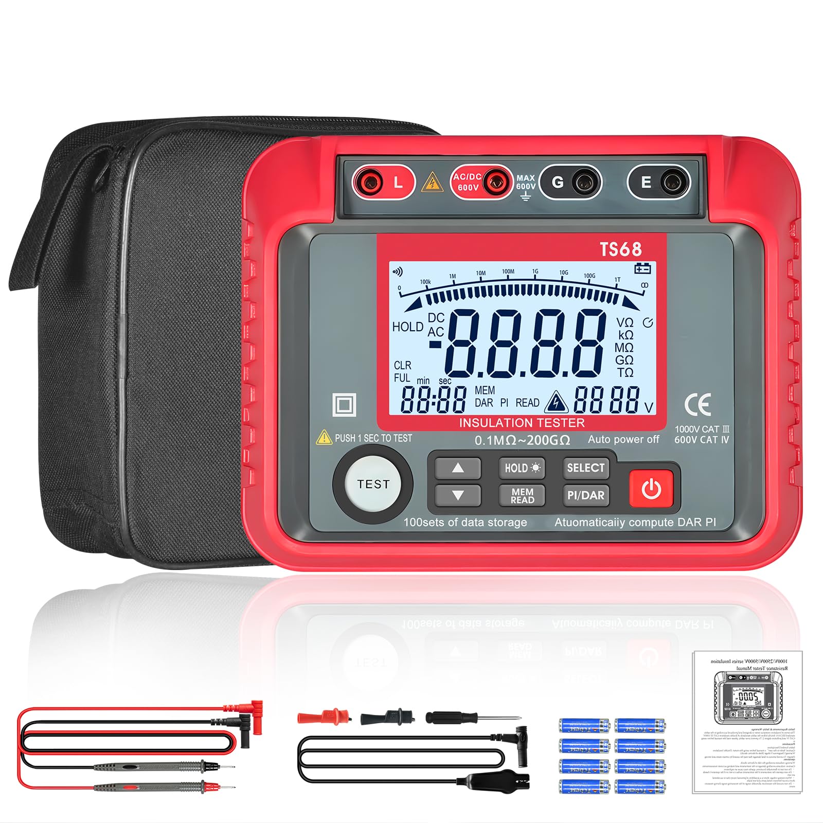 Megohmmetro Digitale 2500V Tester Isolamento 200GΩ con PI/DAR Test, CAT IV 1000V, Misuratore Tensione AC/DC 600V