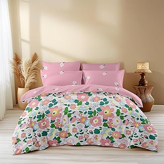 LOOMLYFE 300 TC All Season King Size AC Comforter || Blanket || Duvet for Double Bed with 1 Flat Bedsheet and 2 Large Pillow Covers - 4 Piece Comforter Set - PinkFlower