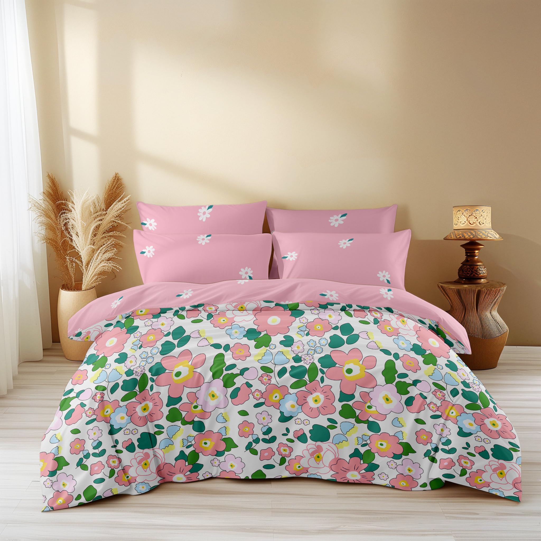 LOOMLYFE 300 TC All Season King Size AC Comforter || Blanket || Duvet for Double Bed with 1 Flat Bedsheet and 2 Large Pillow Covers - 4 Piece Comforter Set - PinkFlower