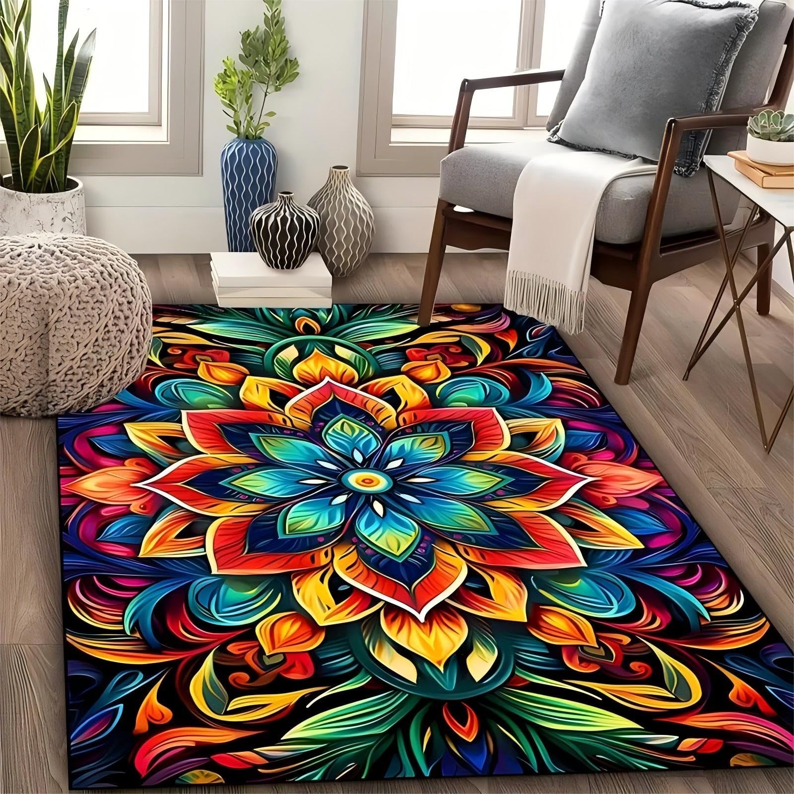 USHIRUG Color Mandala Area Rug, 180x300cm 3D Abstract Mandala Rainbow Living Room Carpet, Bohemian Indoor Rug, Soft Durable and Easy-To-Clean Rugs for Bedrooms Bedsides and Playrooms