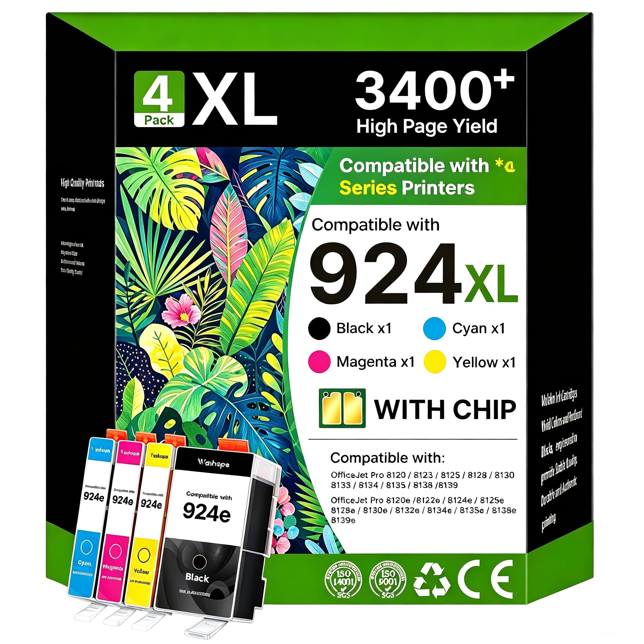 Cartouche Encre 924XL avec Puce pour HP 924 Pack de 4 Cartouches pour 8122e