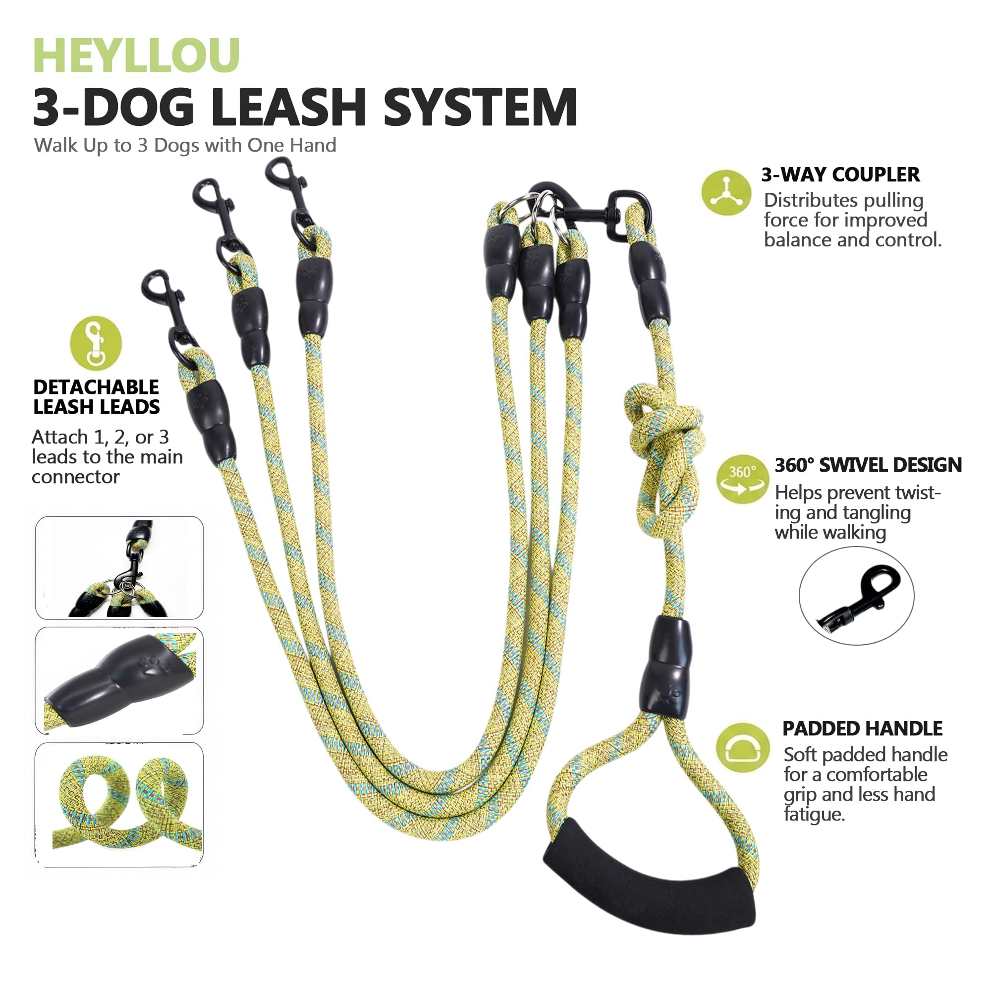 Laisse pour chien 3 en 1 en nylon durable avec poignée rembourrée, pivotante à 360 °, corde d'escalade amovible, corde de traction amovible pour chiens de moyenne et grande taille, vert et