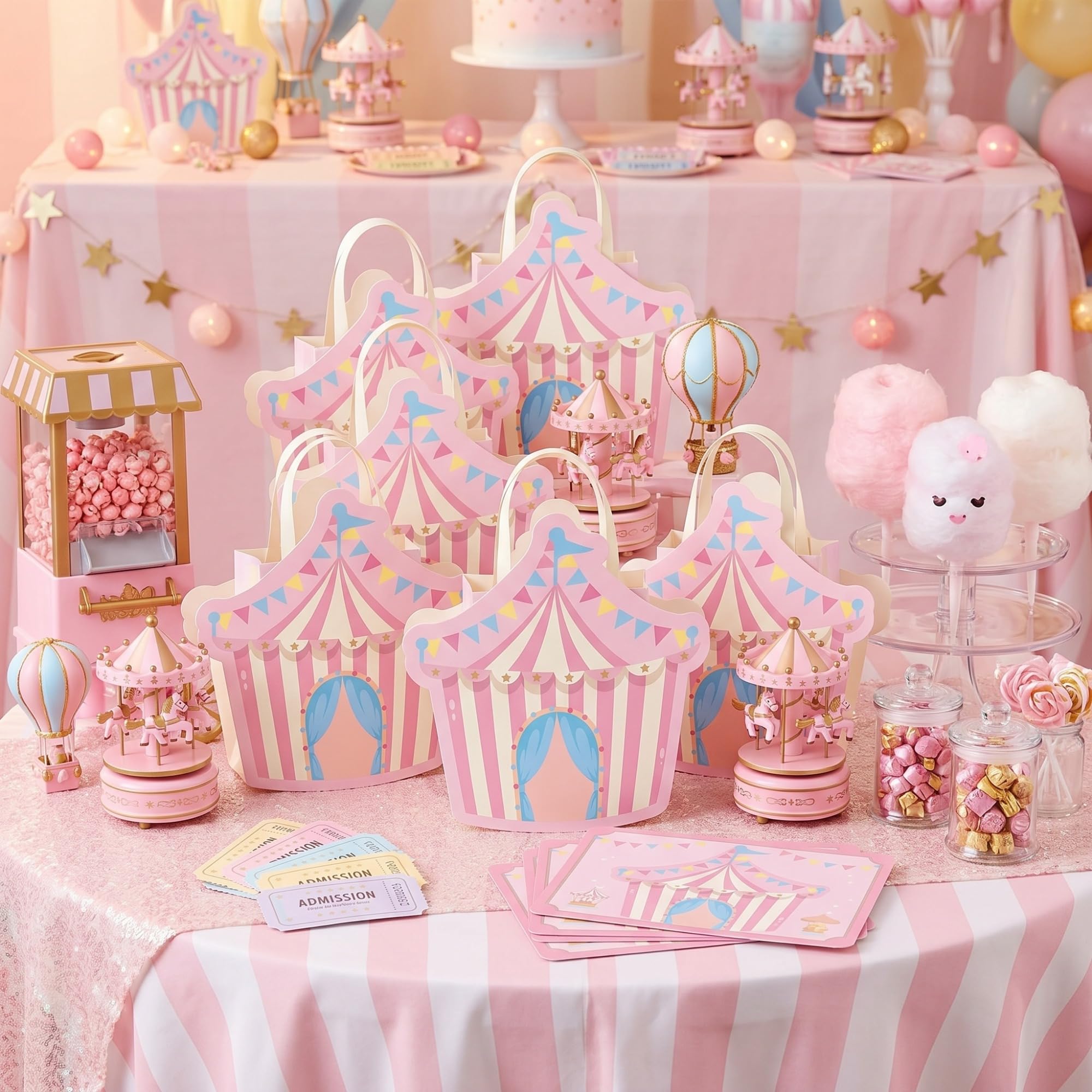 Kolldenn 12 Pcs Pink Circus Party Favor Bags Carnival Gift Treat Bags Circus Theme Goodie Candy Totes with Handles for Carnival Themed Birthday Party Supplies