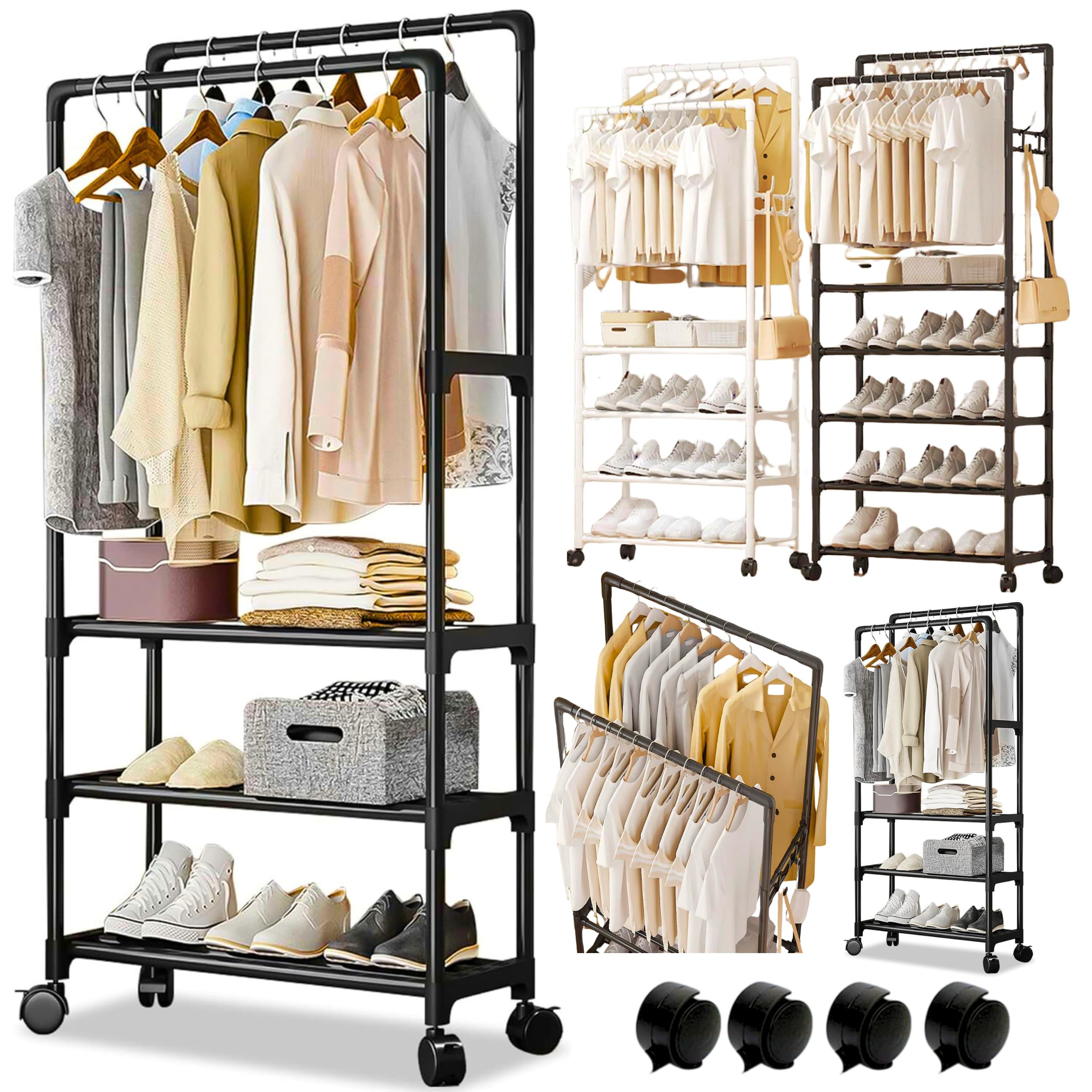 Chaseup™ Double-Rail Clothes hanger stand + Shoes Rack ستاند ملابس Clothes rack Storage Shelf Heavy Duty Shoe Bench Storage منشر غسيل حامل ملابس Cloth drying stand