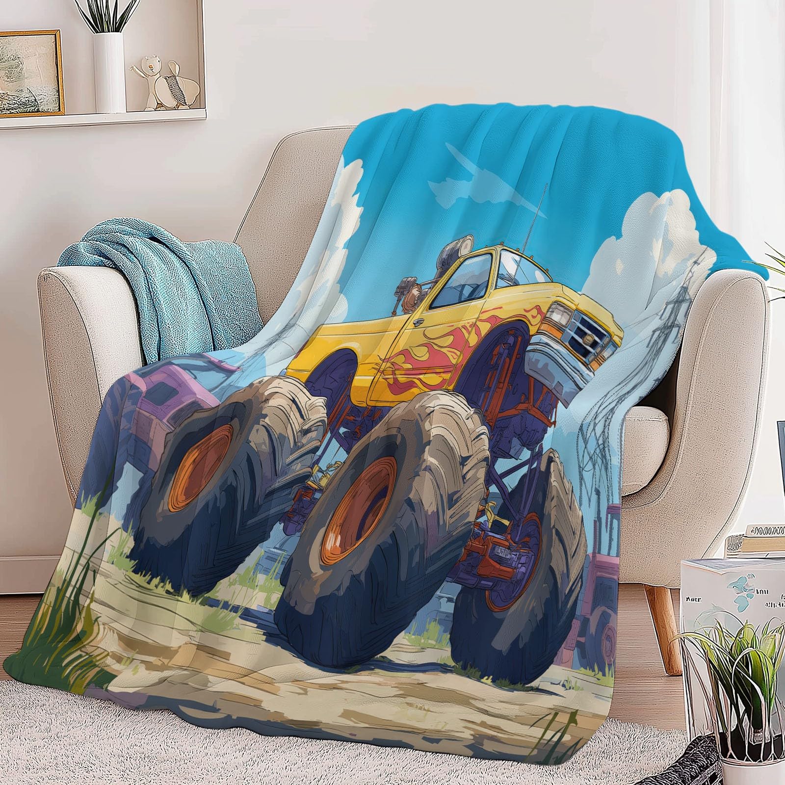 Generico Koc w kratę Polar Ciężarówka Zabawka Kreskówka 220 x 240 cm Miękka i przytulna flanelowa narzuta z polaru z nadrukiem 3D Koc na sofę, na łóżko, sofę, dla dzieci i dorosłych