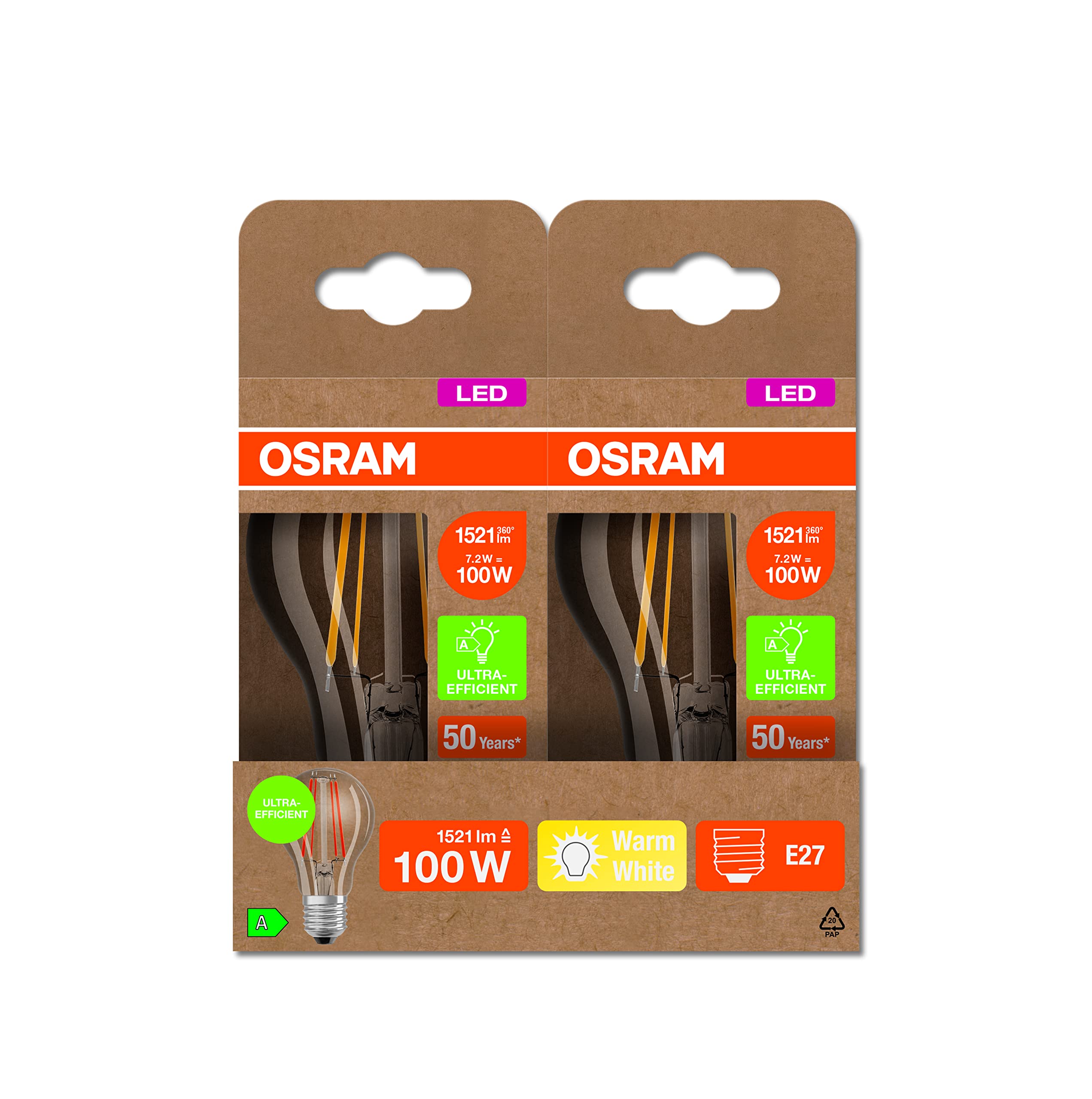 Osram LED Stromsparlampe, Filament Birne mit E27 Sockel, Warmweiß (3000K), 7,2 Watt, ersetzt herkömmliche 100W-Leuchtmittel, besonders hohe Energieeffizienz und stromsparend, 6er-Pack