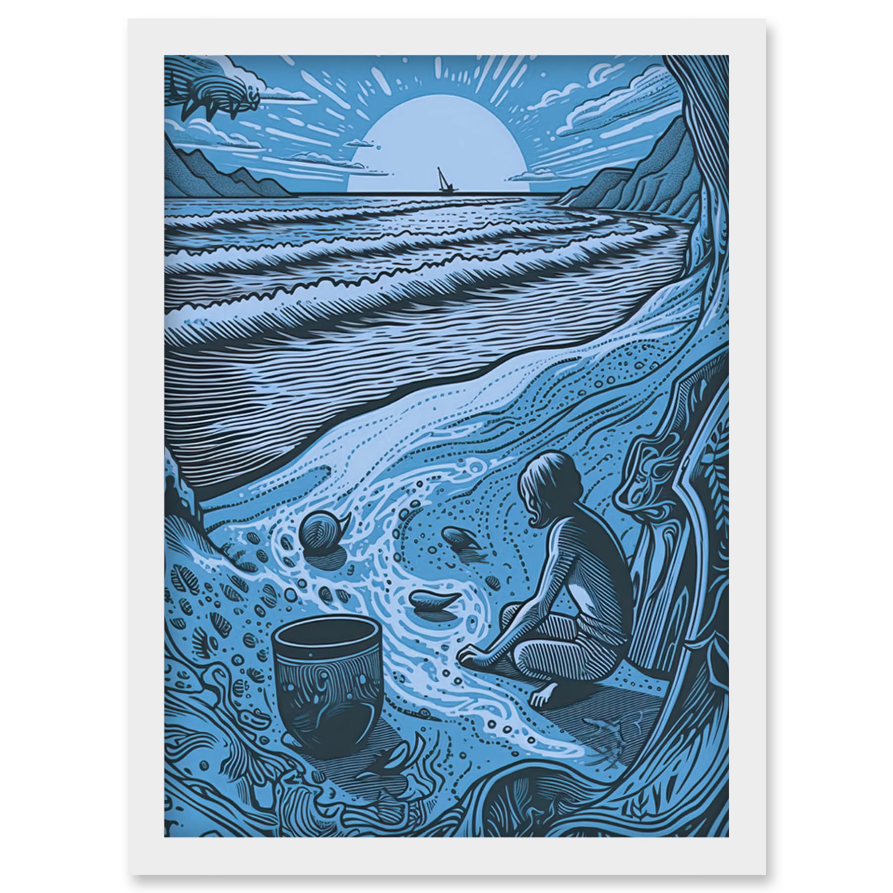 Artery8 Beachcombing Coastal Landscape Blue Illustration Artwork Framed Wall Art Print A4