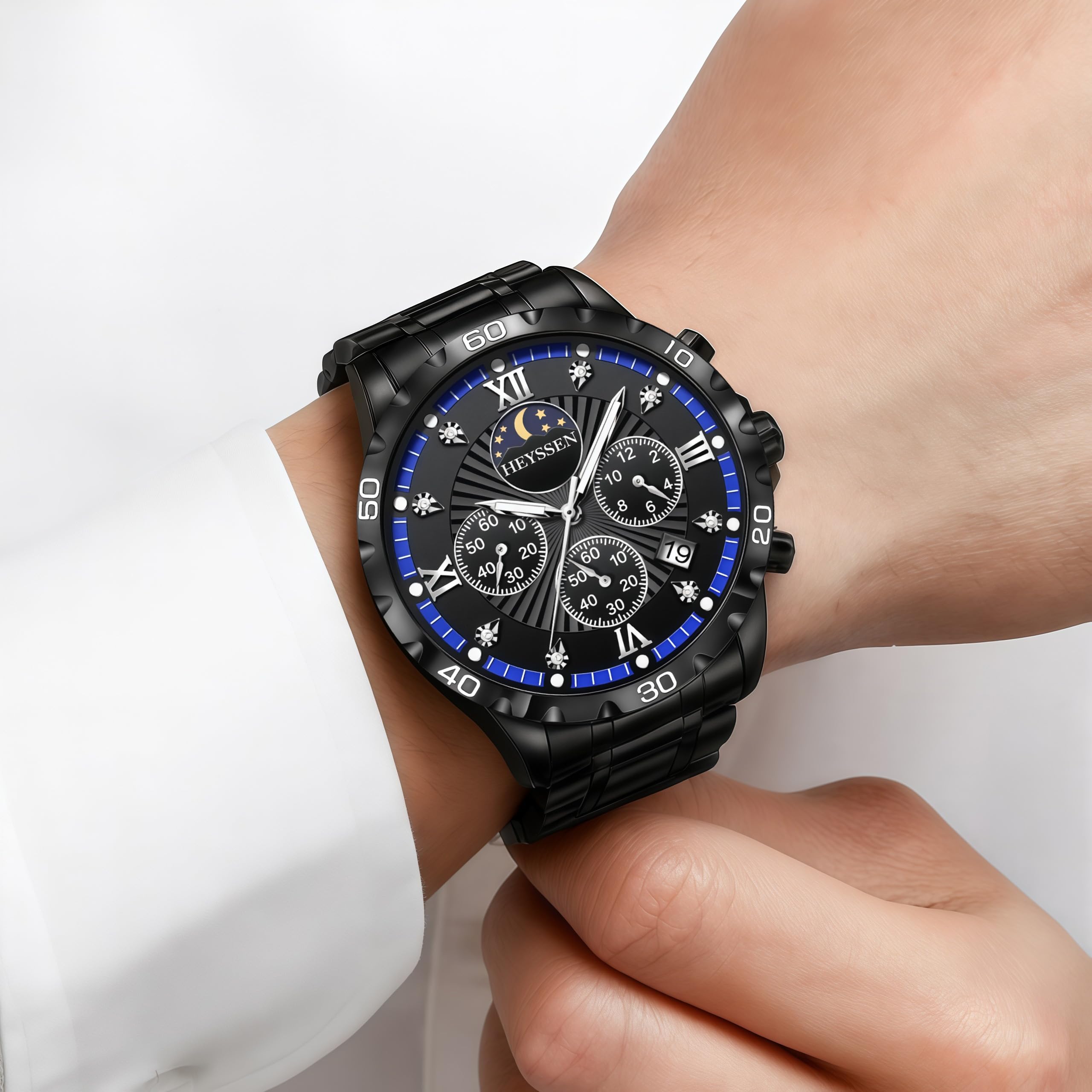 Watches for Men Stainless Steel: Dress Watch for Mens Quartz Analog Wrist Luxury Black Metal Tone Blue Dial Big Classic Diver Waterproof Chronograph Black Face Business Man Gift