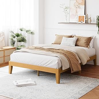 Mellow Marley 14 Inch Solid Wood Platform Bed with Paneled Headboard, Natural Pine, Full
