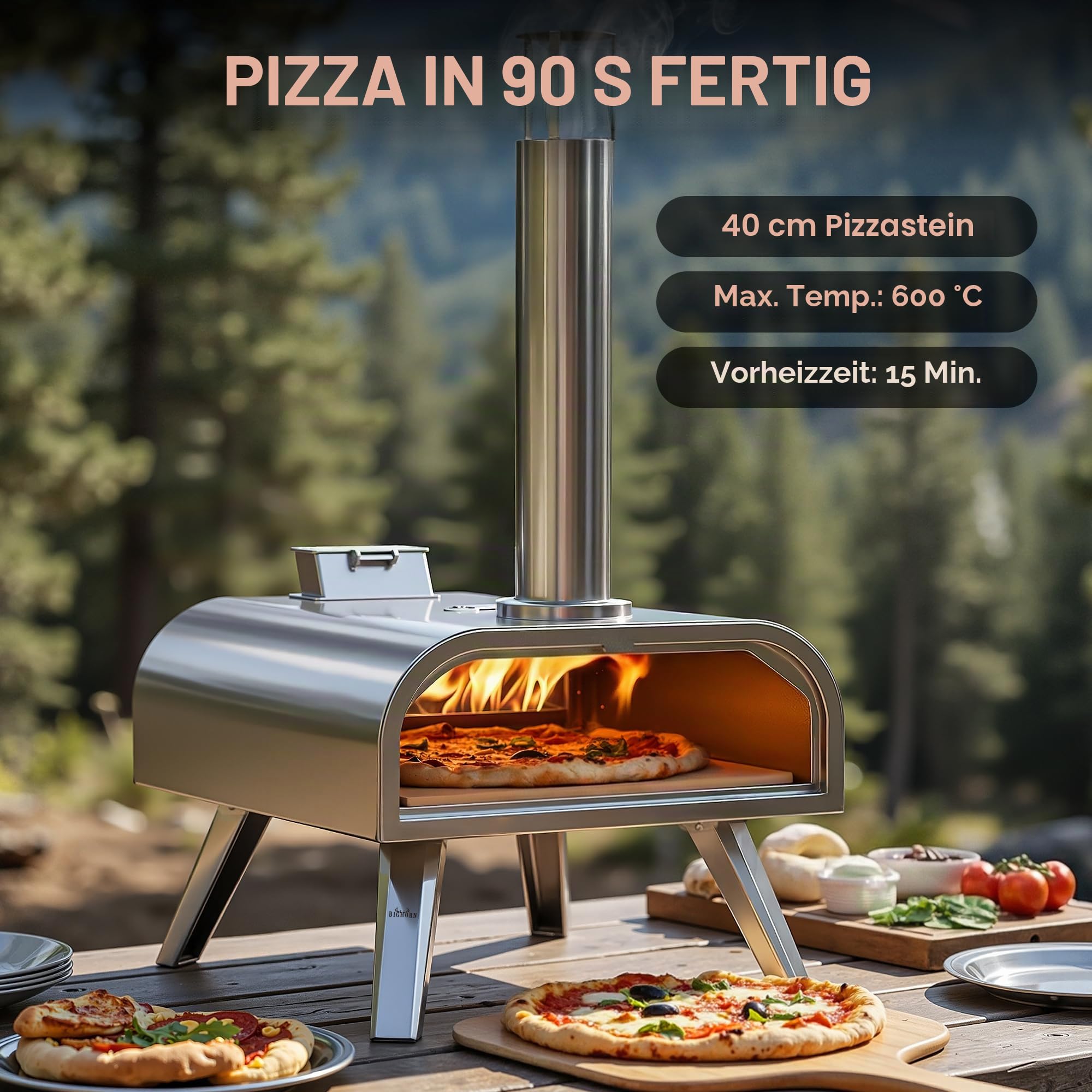 BIG HORN OUTDOORS 40,6 cm Holz-Pellet-Pizzaofen, tragbarer Edelstahl Pizzaofen mit Pizzastein