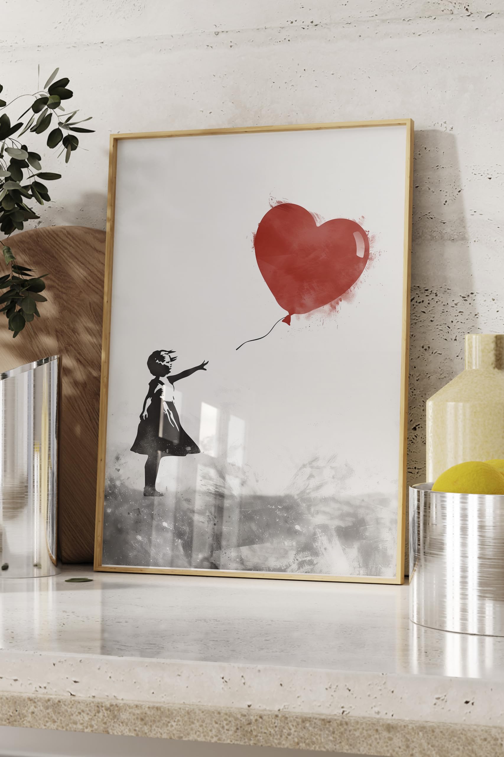Zestia Ahşap Çerçeveli Tablo, Kırmızı Balonlu Kız, Banksy Tarzı Poster No: 106452 30 x 40