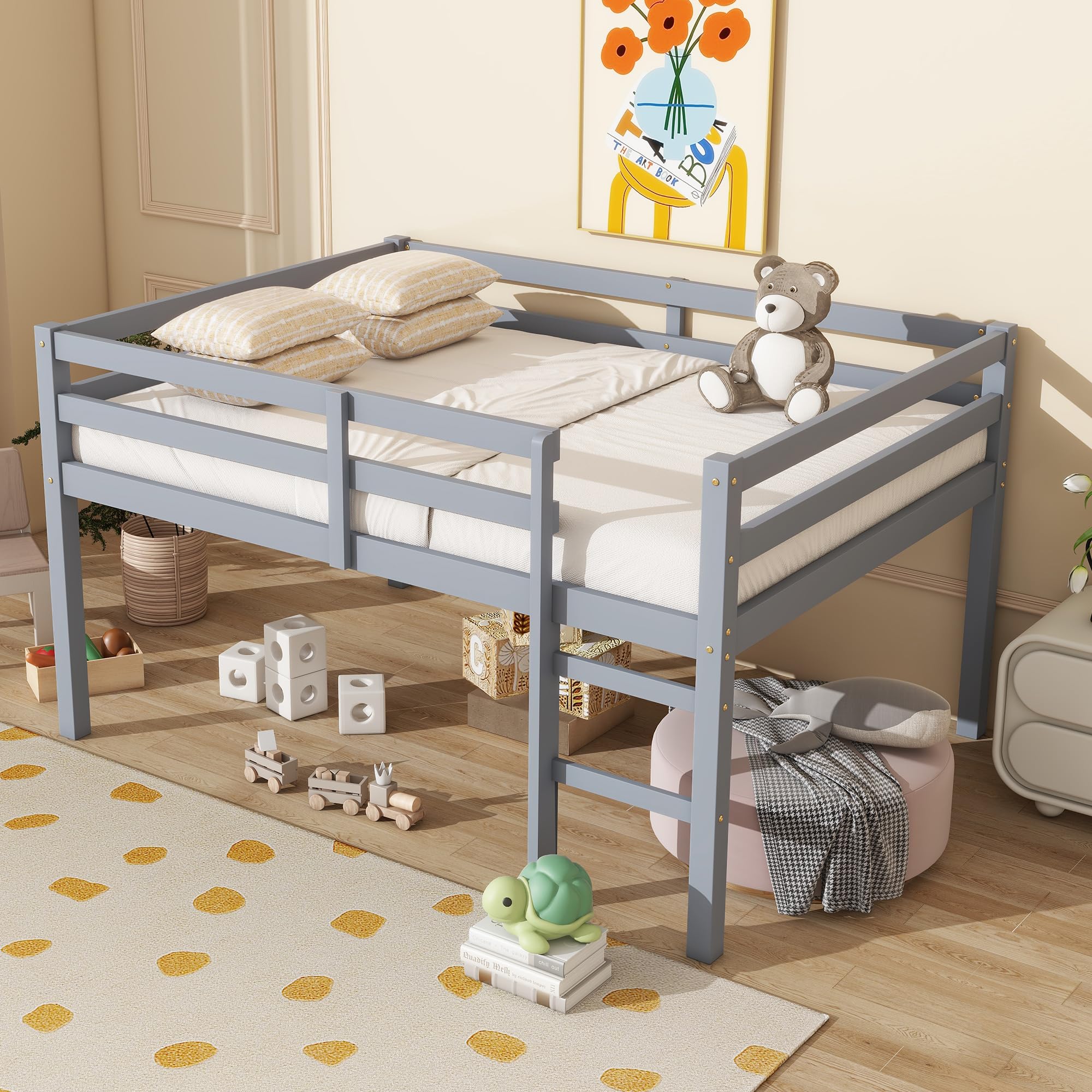 Bellemave Low Loft Bed, Wood Full Loft Bed Frame with Guardrail for Kids Boys Girls, No Box Spring Needed, Gray