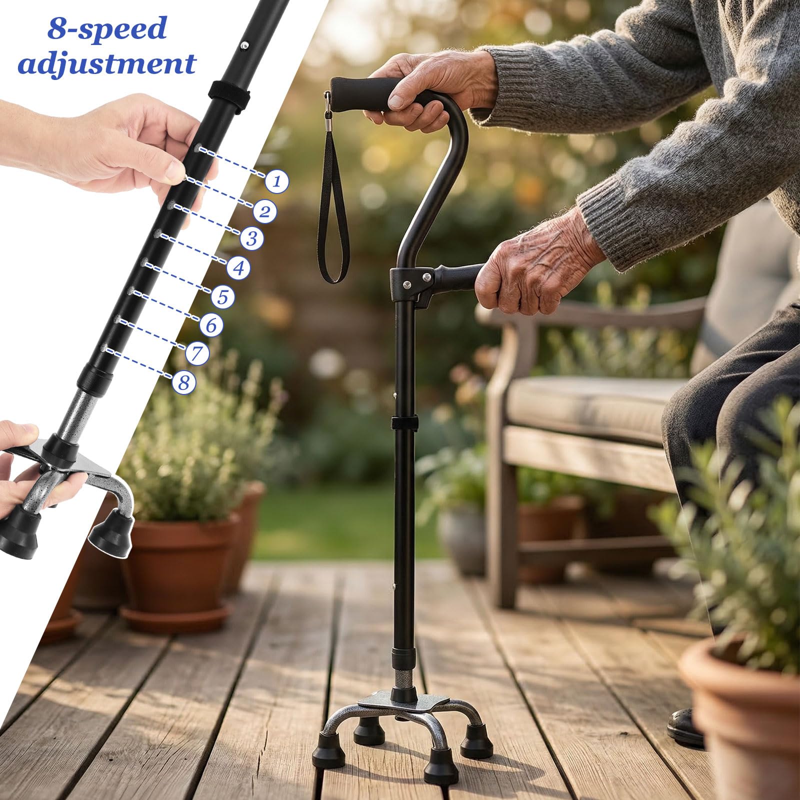 Bastón con 4 patas plegable ajustable negro aluminio | Andador de doble asa para personas mayores, soporta hasta 150 kg, base ergonómica y antideslizante, altura ajustable 76-94 cm