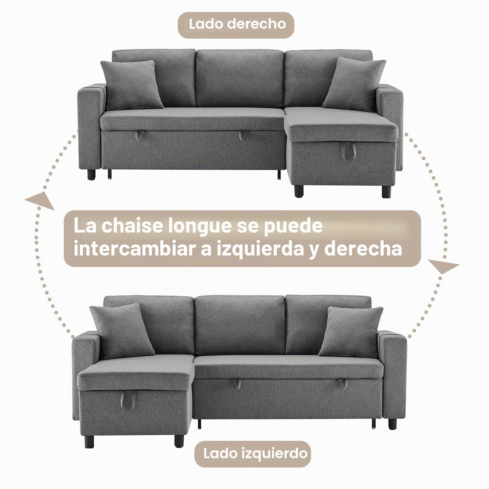 Azkoeesy Sofá cama plegable de 3 plazas con función sleep y espacio de almacenamiento, en forma de L, chaise longue sofá de salón, izquierda y derecha, intercambiable, tela de lino