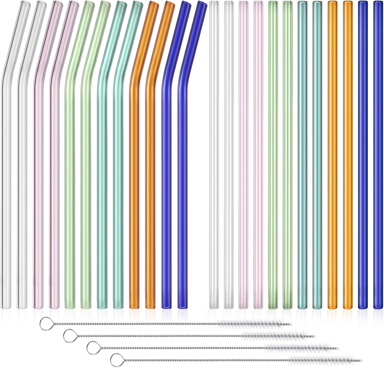 Bokon 24 Pcs Glass Reusable 8''x 8 mm Straws with Cleaning Brush High Borosilicate Transparent Bent Straight Glass Smoothie Colorful Straws for Tea,Juice (Straight and Bent)