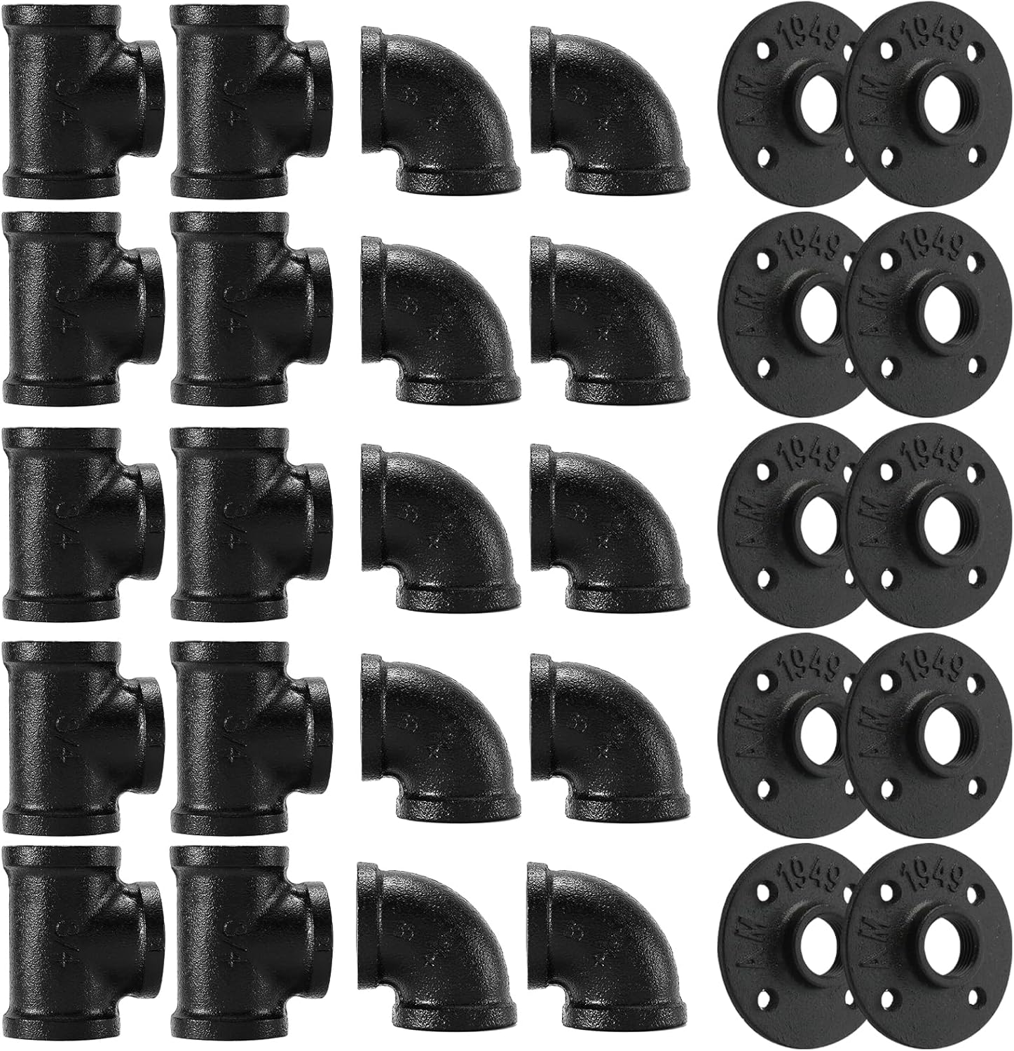 3/4"Black Pipe Fitting, Home TZH 30 Pack Floor Flange/Elbow/Tee Combo for Industrial vintage style, Flanges/Elbow/Tee with Threaded Hole for DIY Project/Furniture/Shelving(30, Black 3/4")